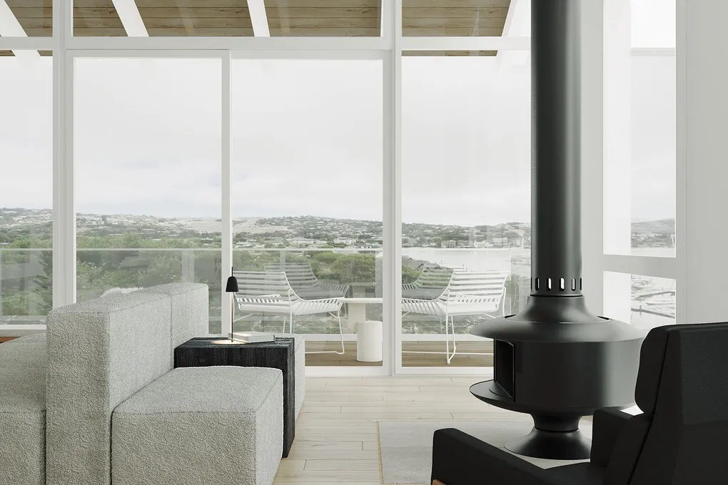 Photorealistic rendering of a living room with a black suspended stove and bay views — Acacia Retreat House, Tiburon