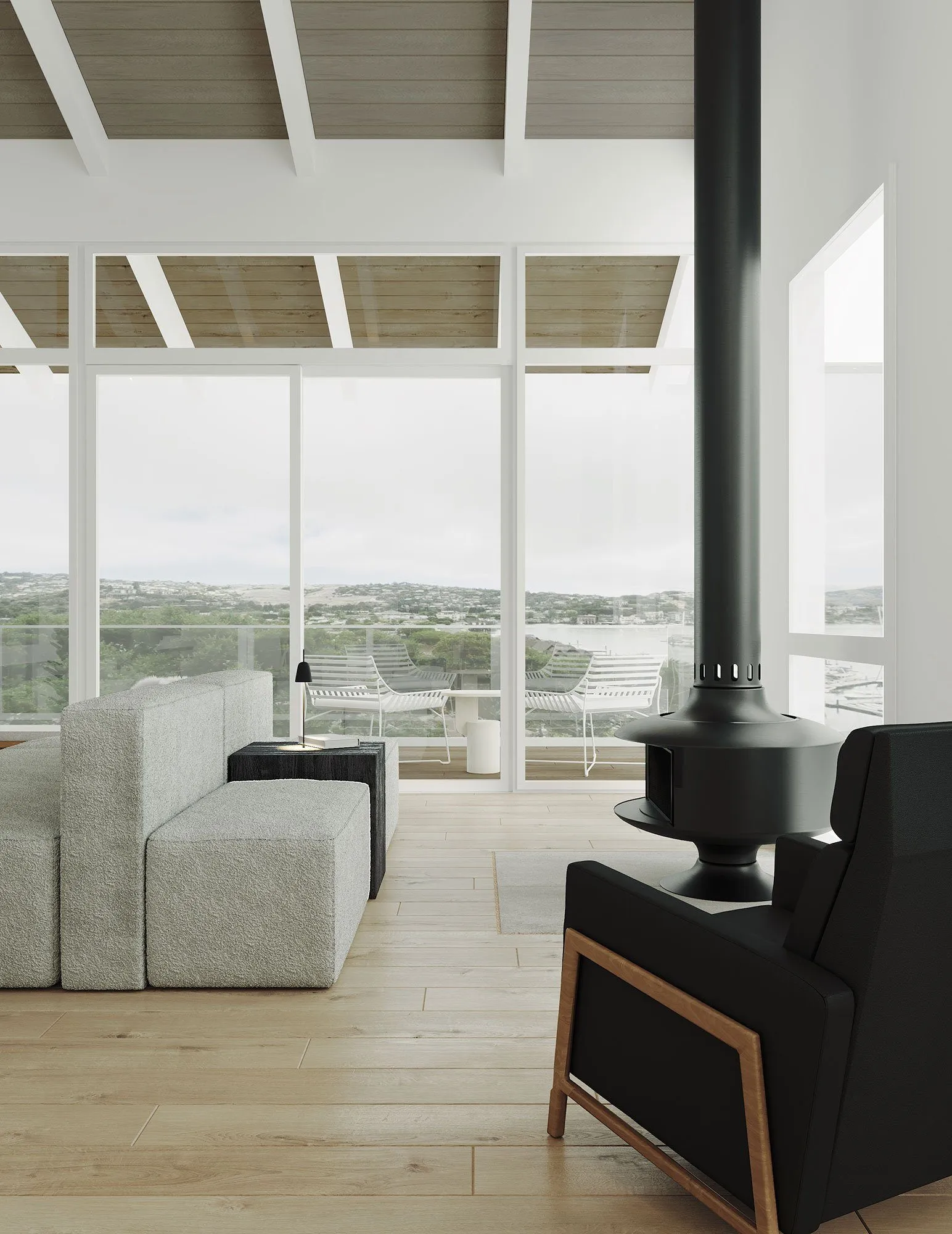 California tiburon modern interior living room fireplace — Acacia retreat house