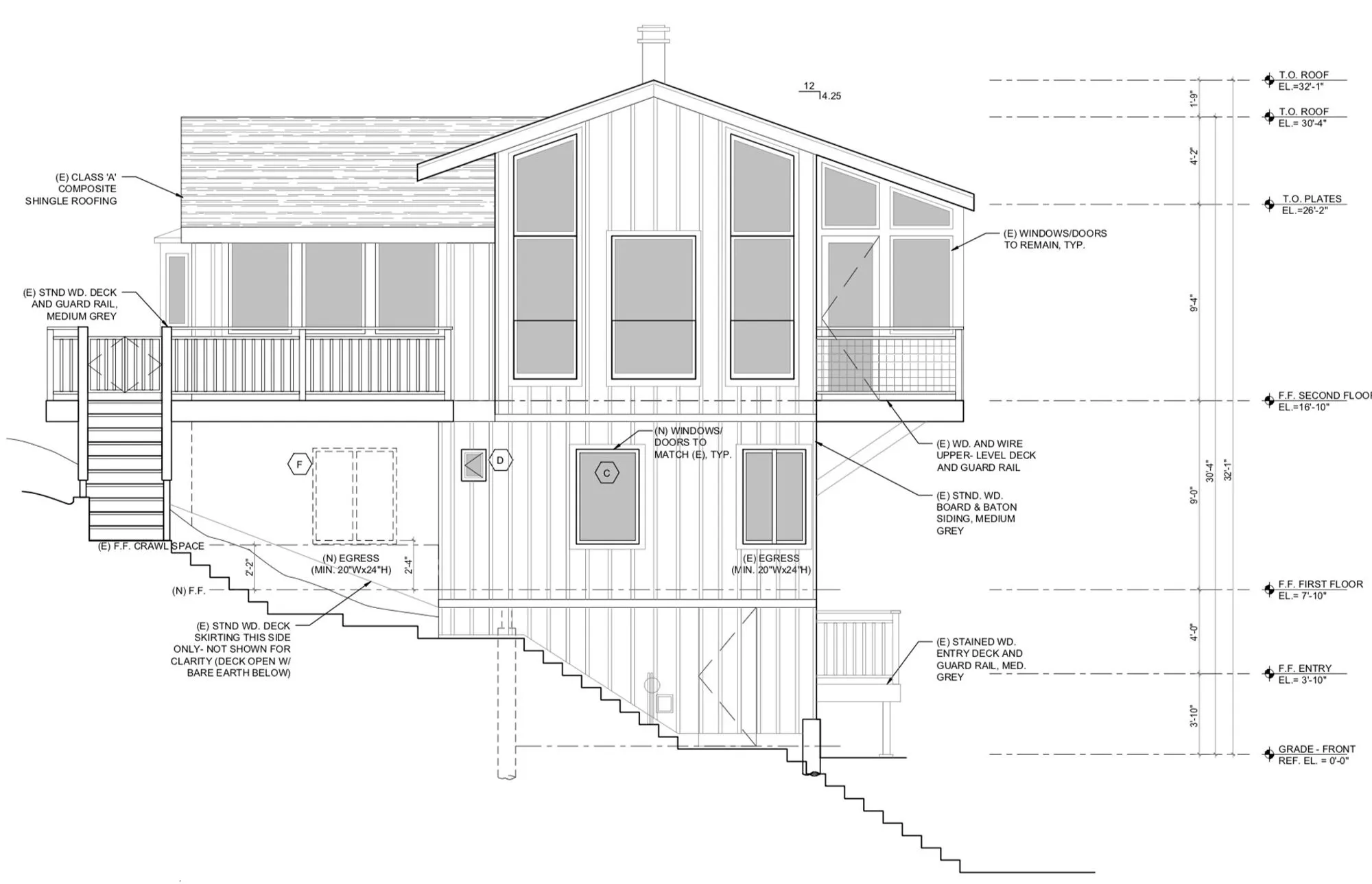 Architectural drawing: side elevation of the hillside house with pitched roof, upper deck, new windows and the lower-level addition