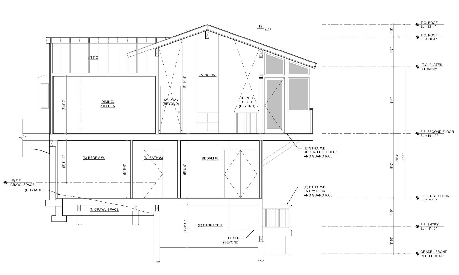 Architectural drawing: building section showing living and dining above and new bedrooms, bath and storage cut into the slope below