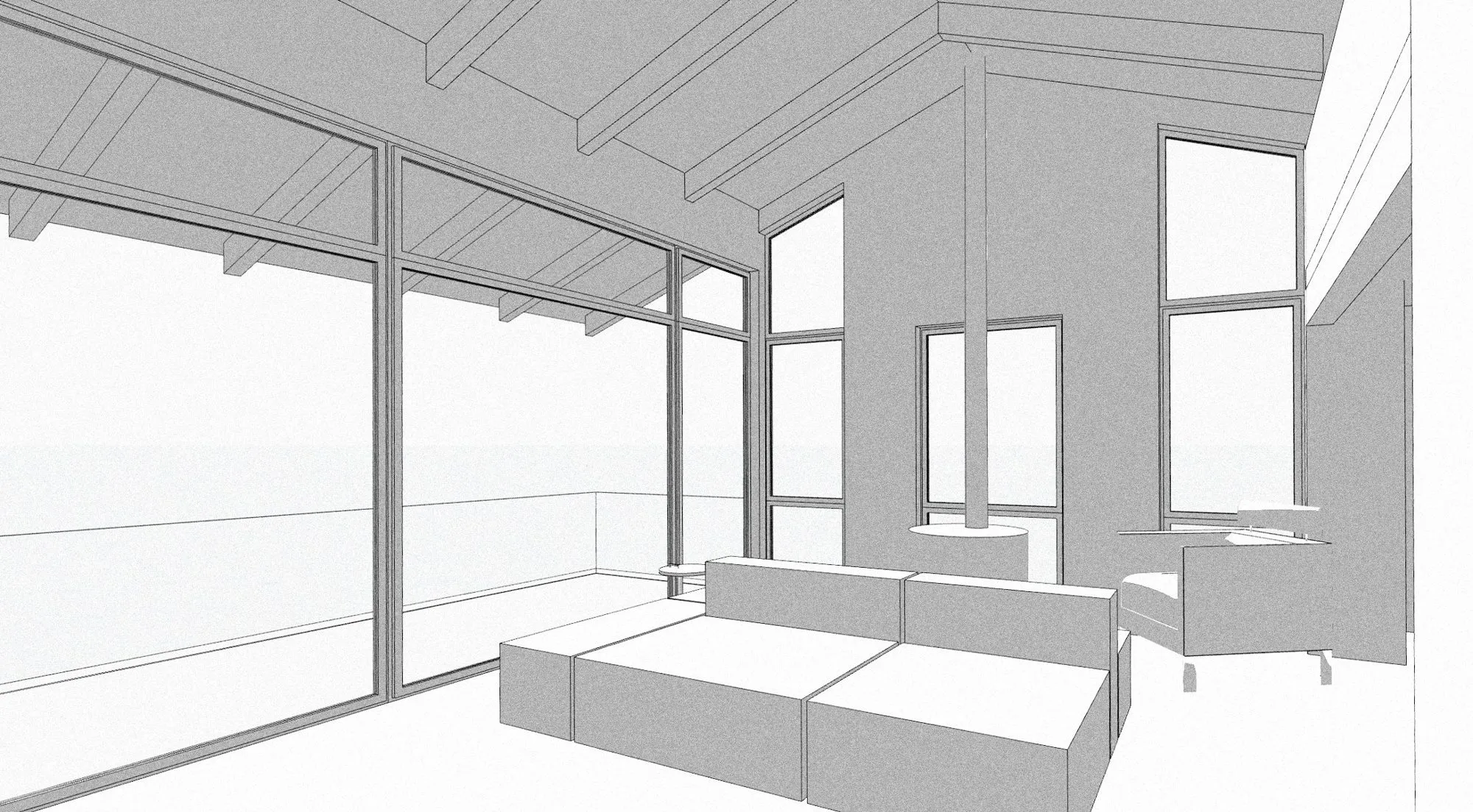 White 3D model of the living room with exposed beams, floor-to-ceiling glazing and a modular sofa, used for space planning