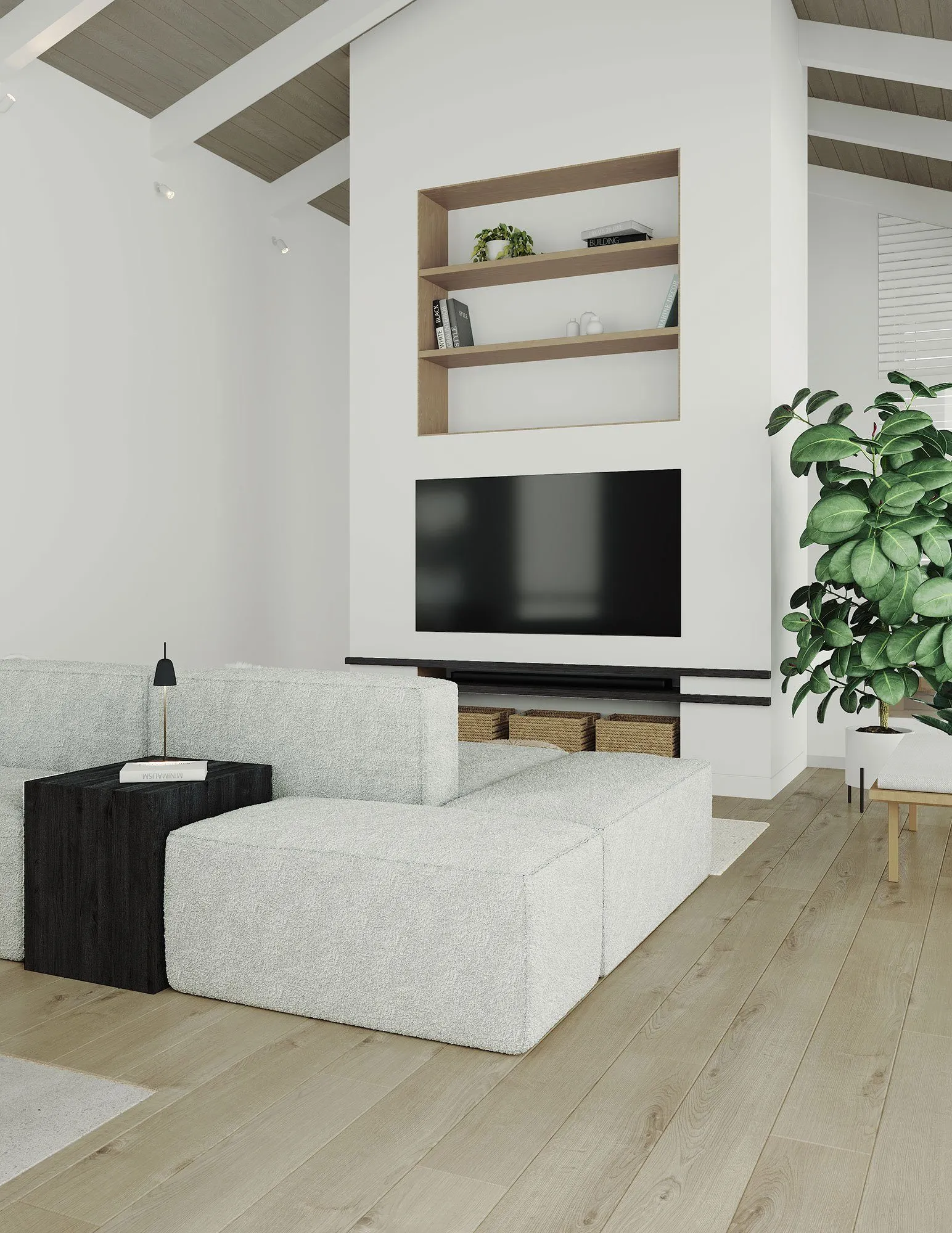 Rendering: living room with a light grey modular sofa, oak-trimmed TV niche with shelves, pale wood floor and white beamed ceiling