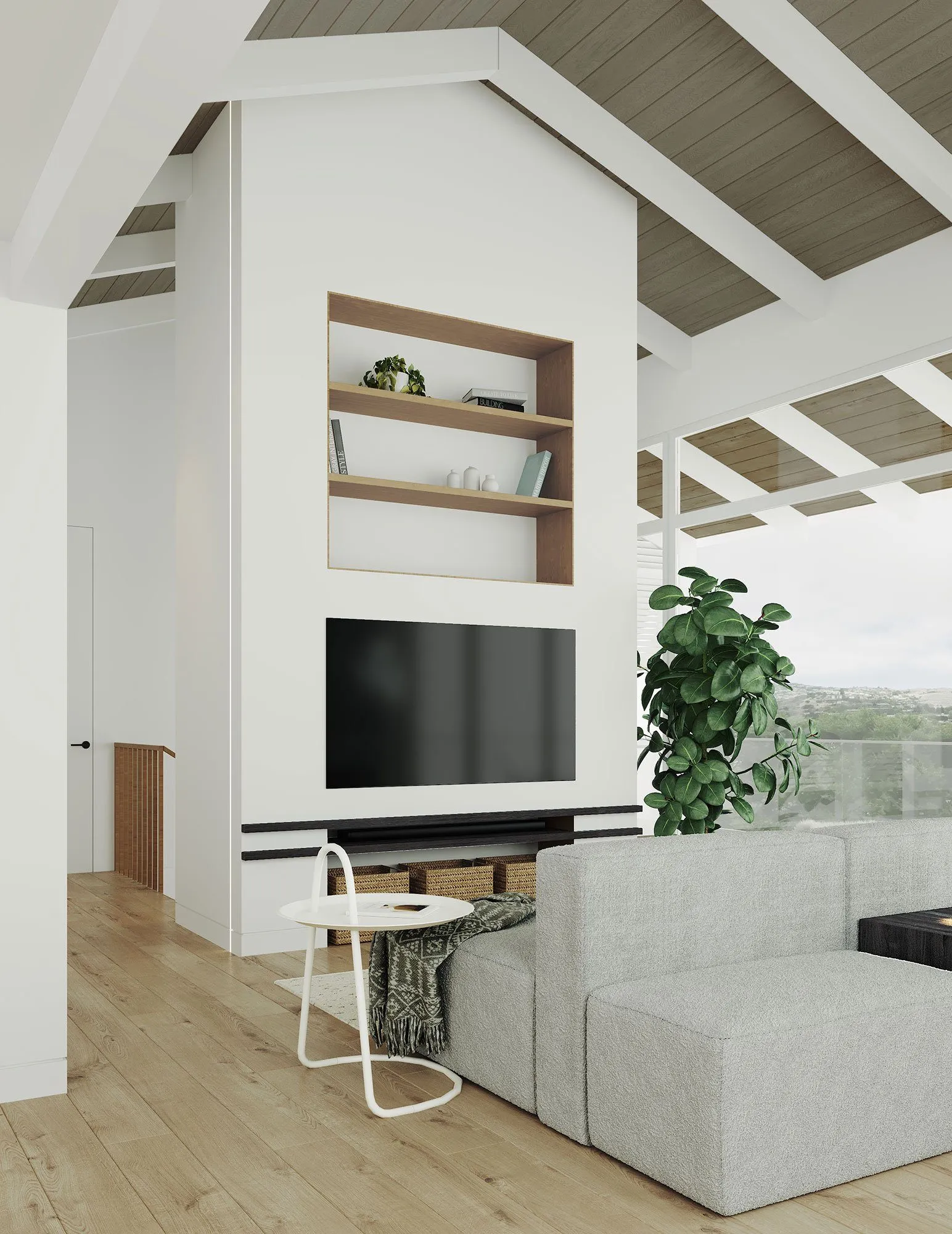 Rendering: the TV wall and modular sofa seen from the stair side, with a white wire side table and a view to the hills beyond