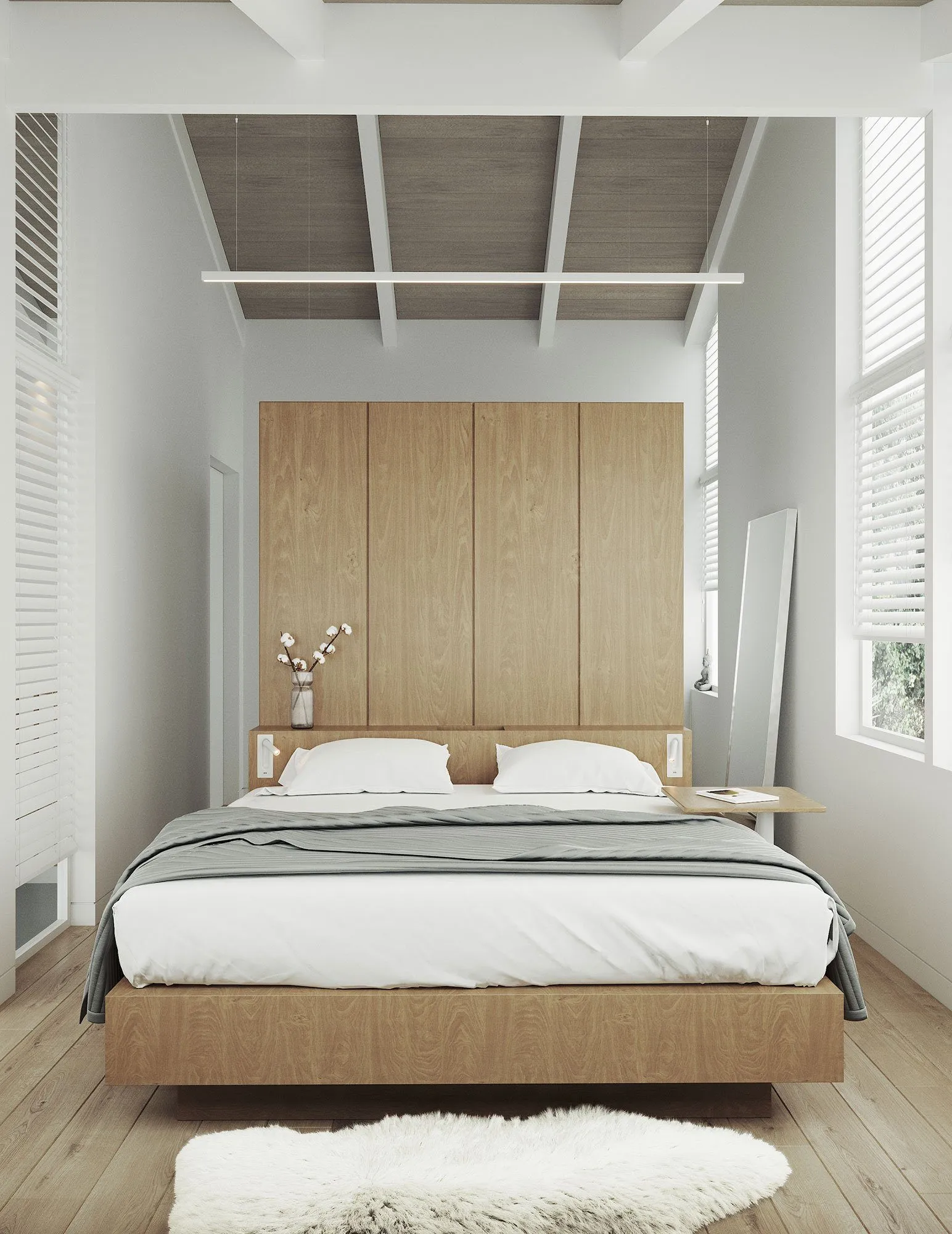 Rendering: bedroom with a full-height oak headboard wall, white bedding, sheepskin rug and a white beamed ceiling