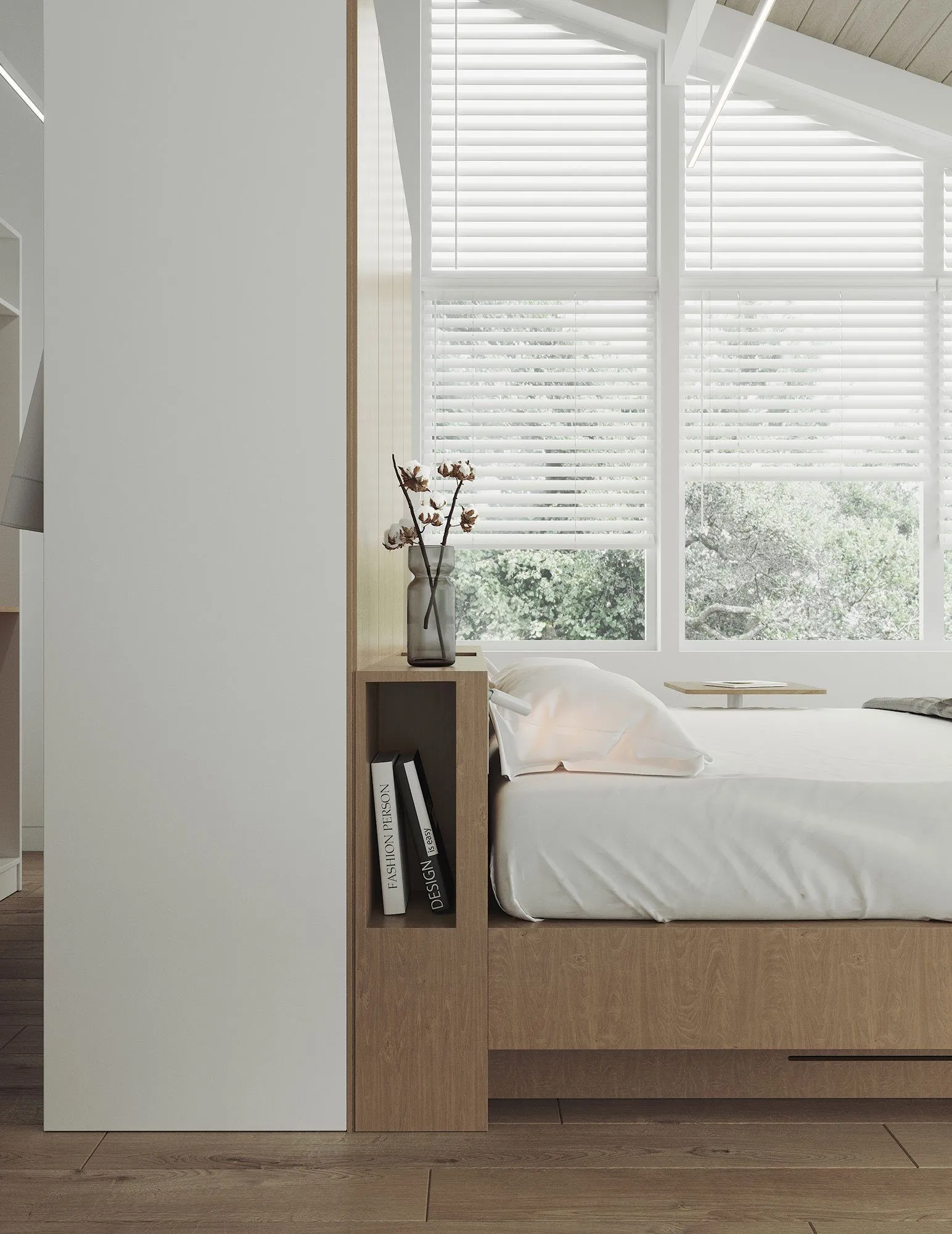 Rendering: bed with built-in oak storage headboard beside a window with white shutters, pale wood floor