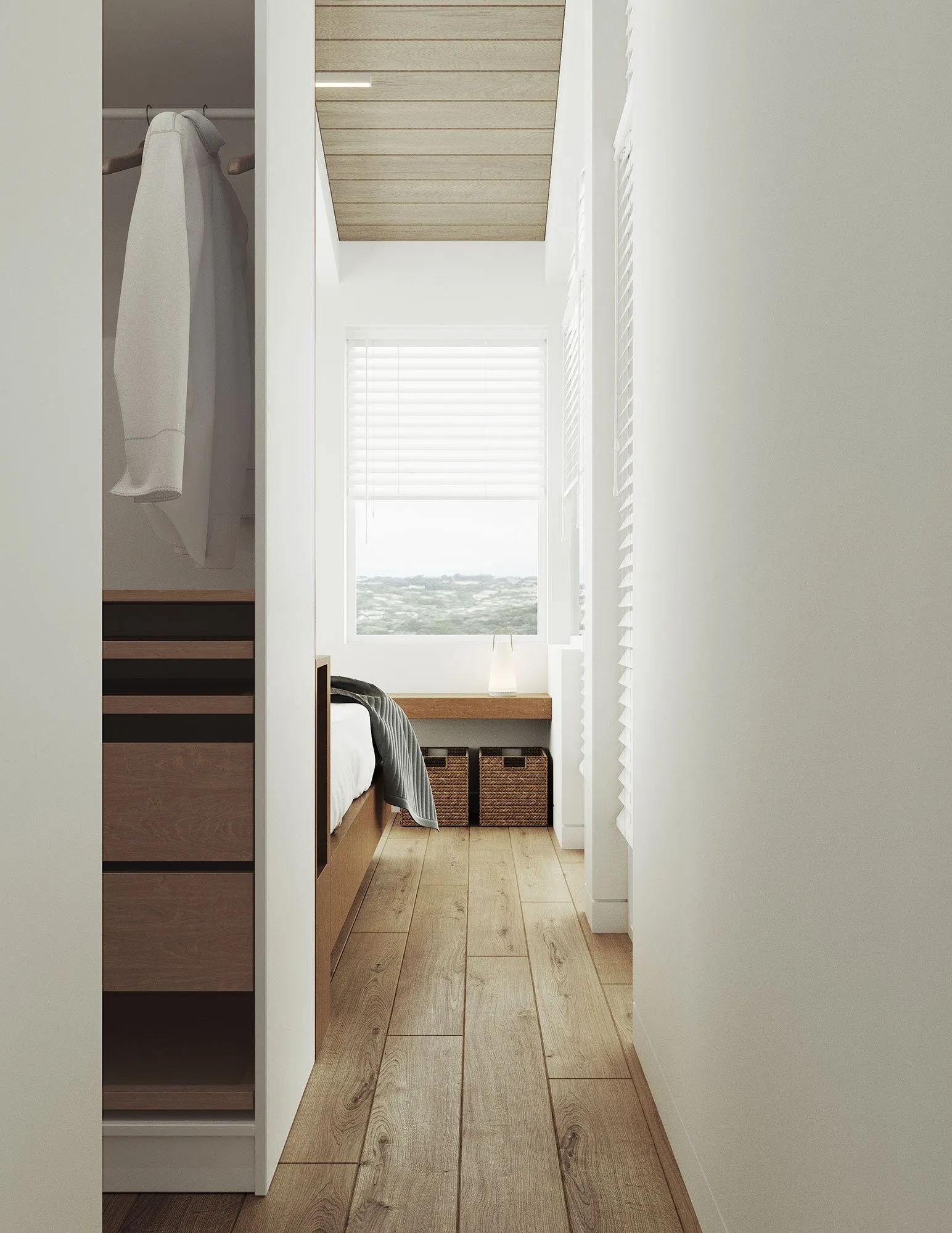 Rendering: walk-in closet with oak drawers and a hanging rail opening onto the bedroom and a window with a view