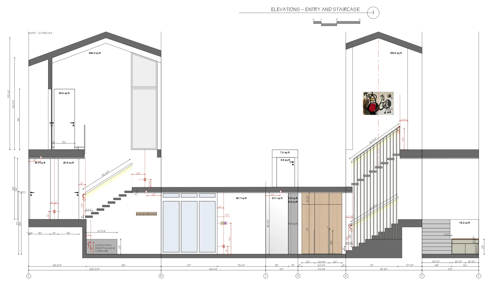 Construction drawing sheet titled Elevations — Entry and Staircase: interior elevations with dimensions, area callouts, and material notes.