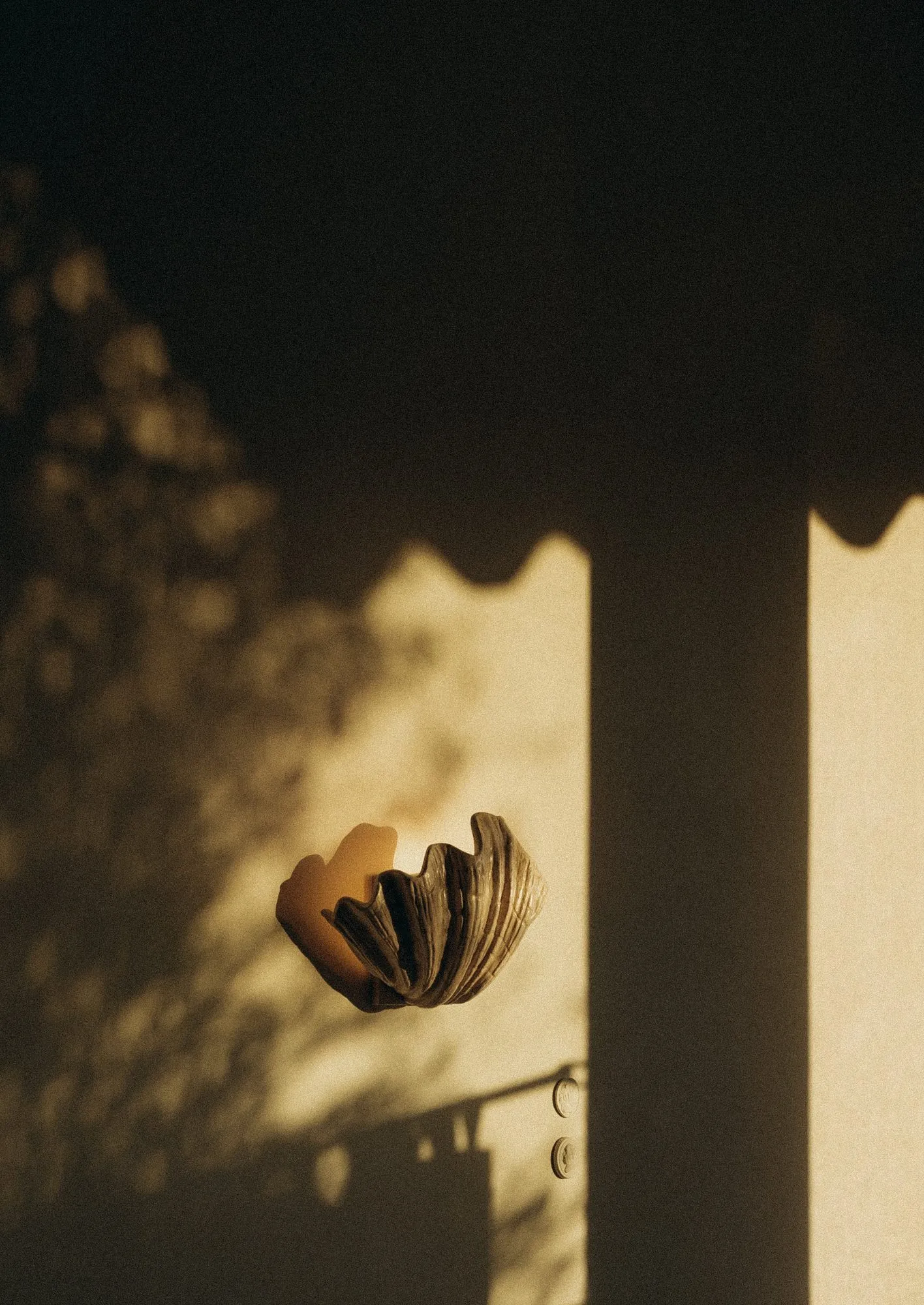 Clamshell wall sconce glowing in low evening sun, the awning's scalloped shadow cast across the plaster wall — Alisa: Wine and Friends - restaurant interior design