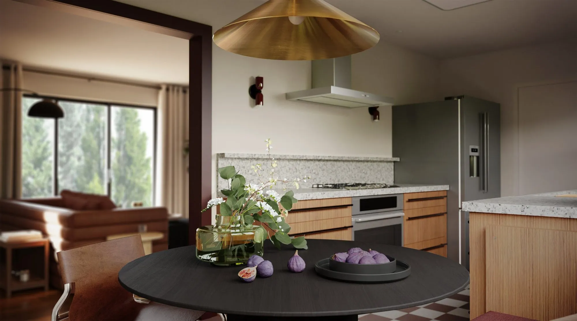 Brass cone pendant over a round black dining table with figs, speckled granite backsplash and warm wood kitchen cabinets beyond — Grounding roots - Casa de Tarin interior design