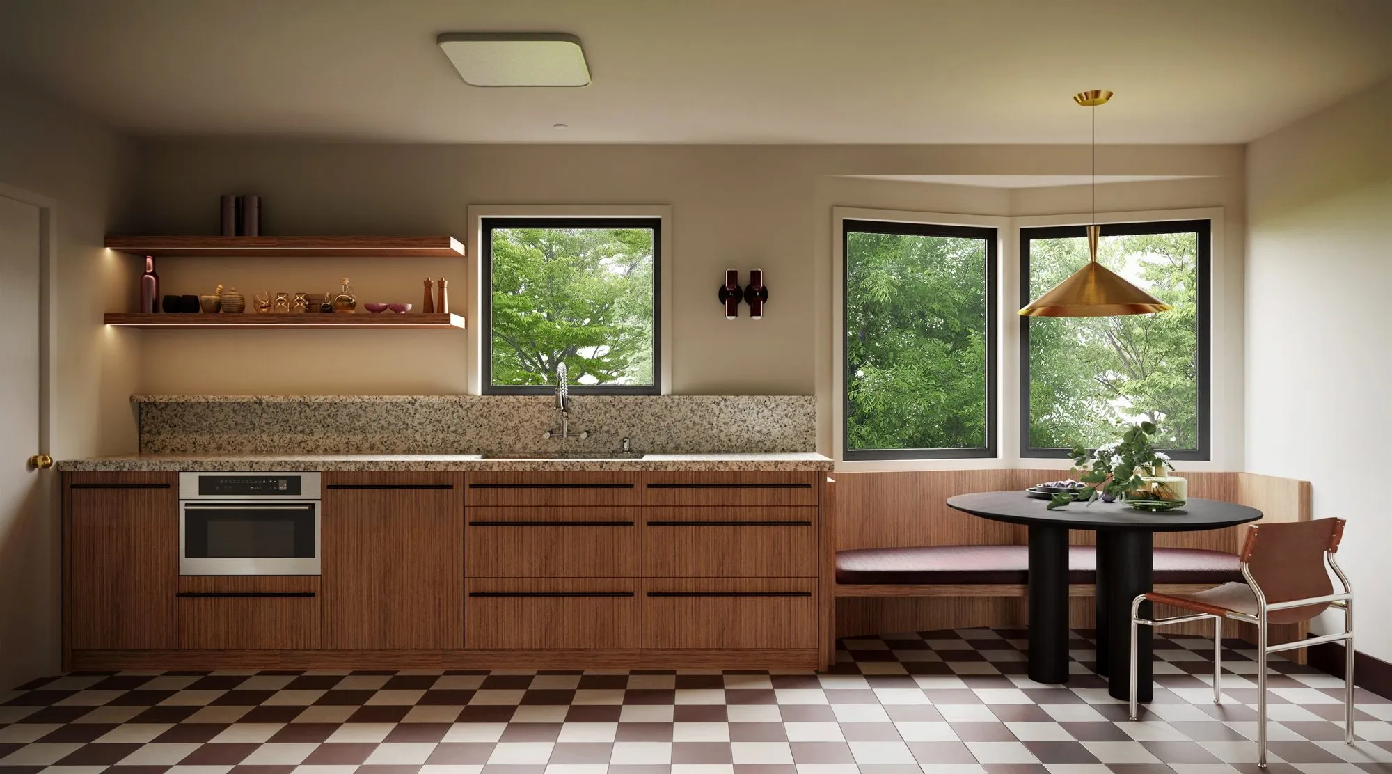 Long wall of walnut slab cabinets under a speckled granite counter, lit open shelves and a corner bay-window banquette — Grounding roots - Casa de Tarin interior design