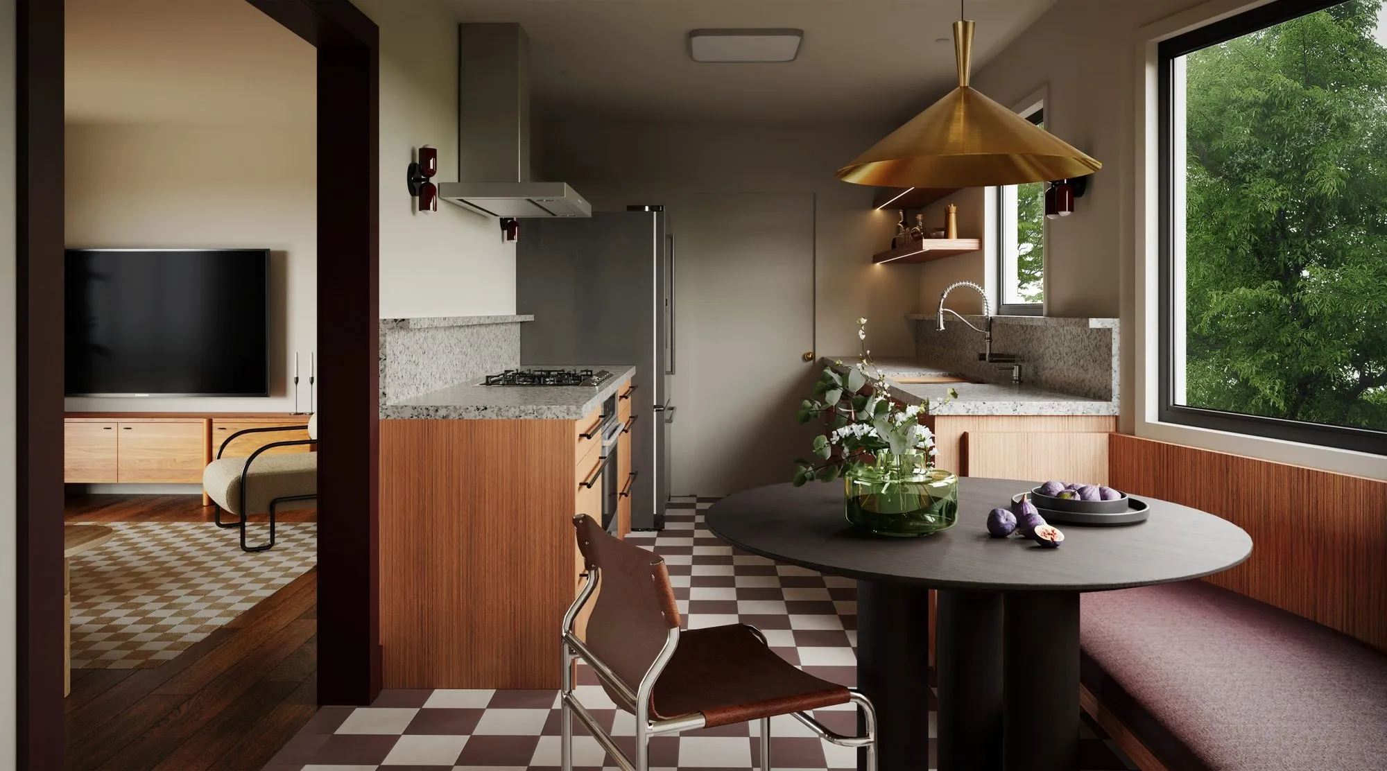 Kitchen with walnut cabinets, granite counters, burgundy-and-cream checkerboard tile and a leather sling chair at the breakfast nook — Grounding roots - Casa de Tarin interior design
