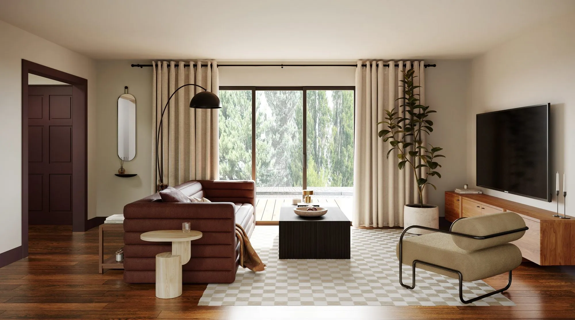 Living room with terracotta channel-stitched sofa, checkerboard rug, arched black floor lamp and sliding glass doors to a wooded deck — Grounding roots - Casa de Tarin interior design