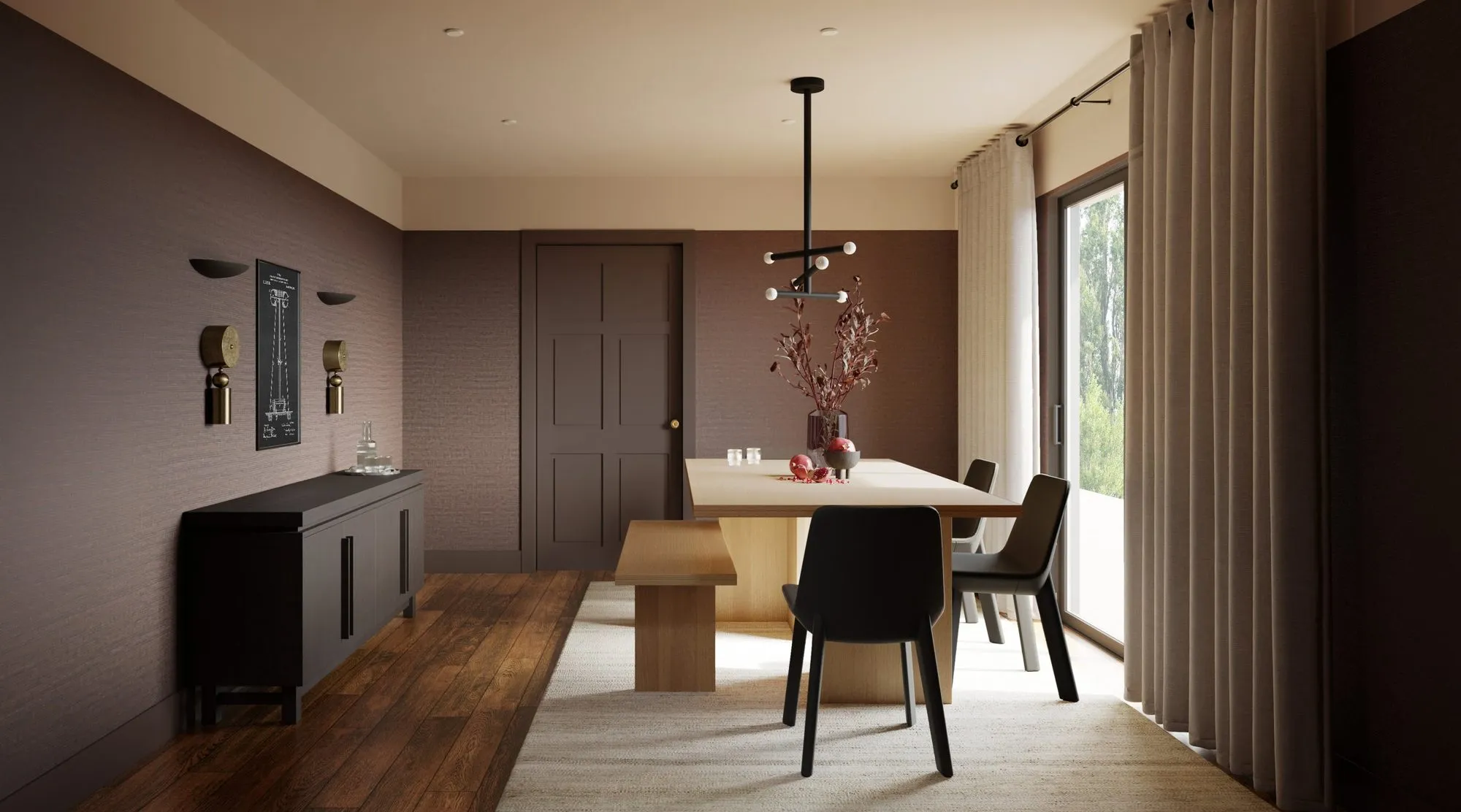 Dining room with plum grasscloth walls, black sideboard, brass sconces and a light oak table with bench seating — Grounding roots - Casa de Tarin interior design