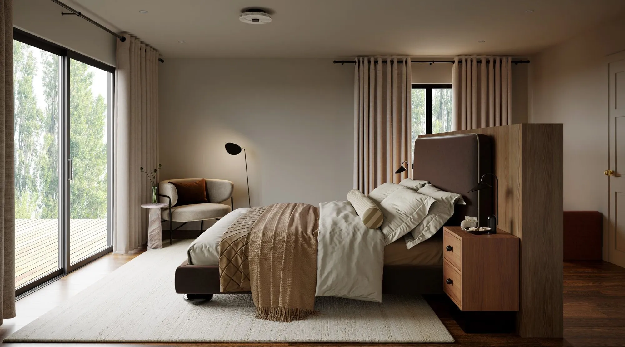Bedroom with leather headboard on a wood partition wall, quilted camel throw, floating walnut nightstand and cream armchair — Grounding roots - Casa de Tarin interior design