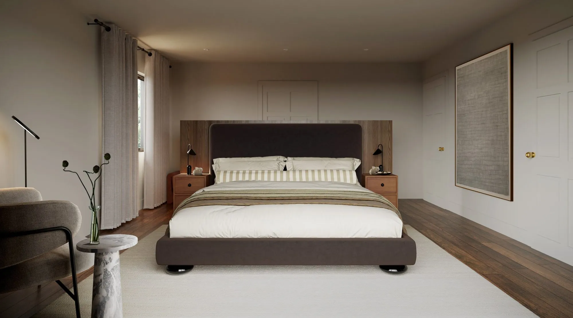 Bedroom with brown upholstered bed set into a full-width wood headboard wall, matching nightstands and black task lamps — Grounding roots - Casa de Tarin interior design