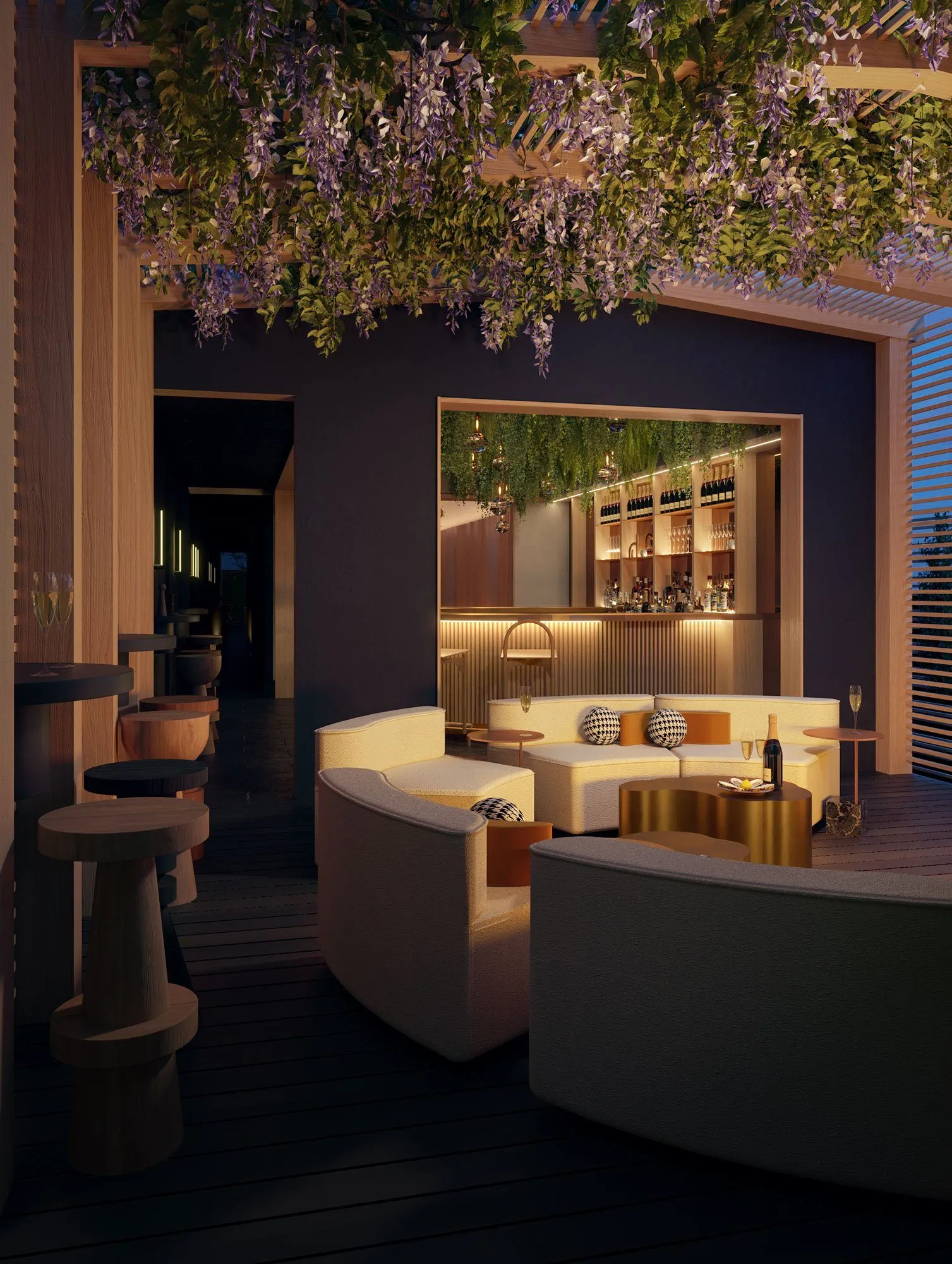 Terrace deck seating with warm wood detailing at the St Helena champagne lounge