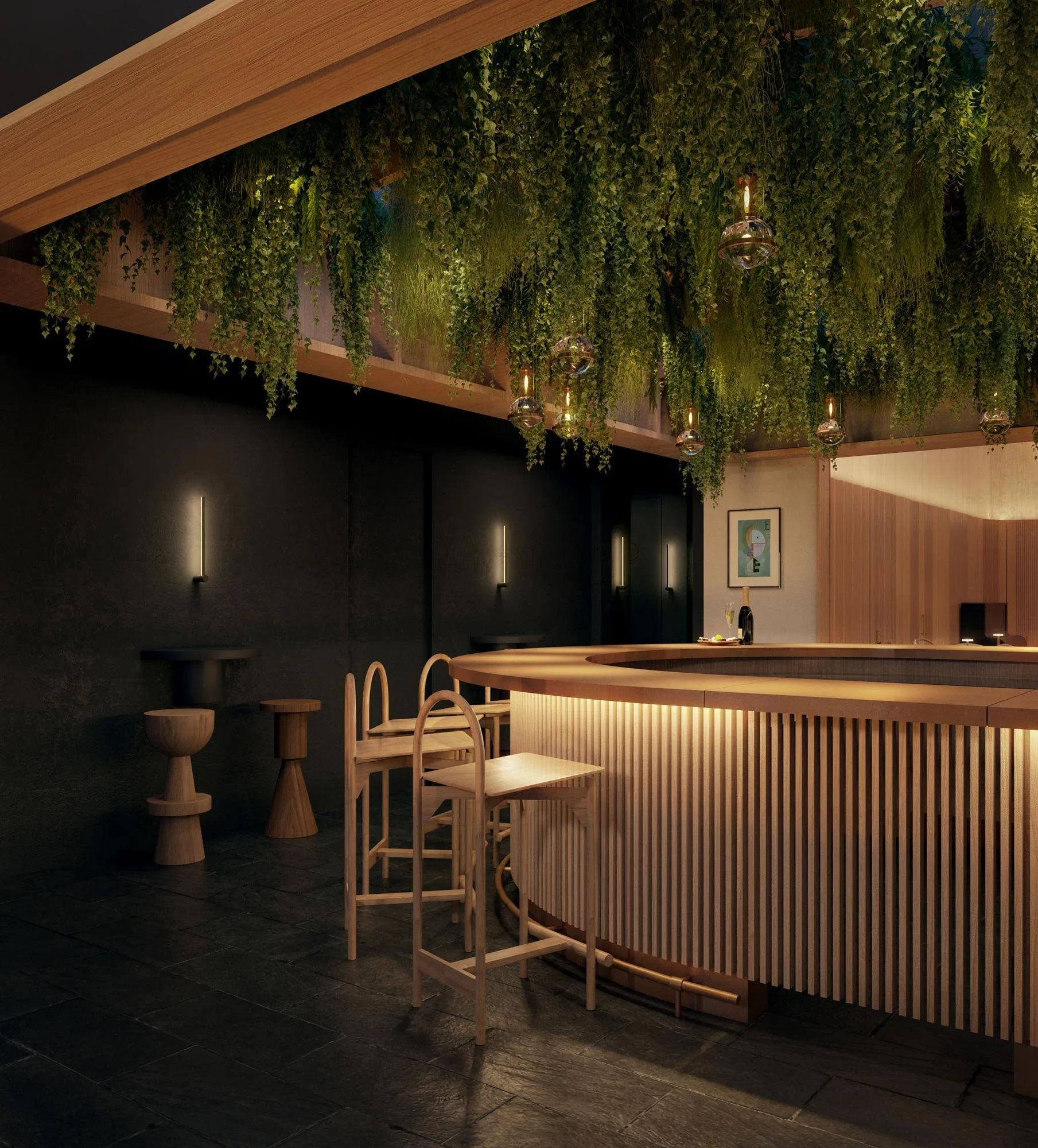 Bar area with layered materials in the social gathering space of the champagne lounge