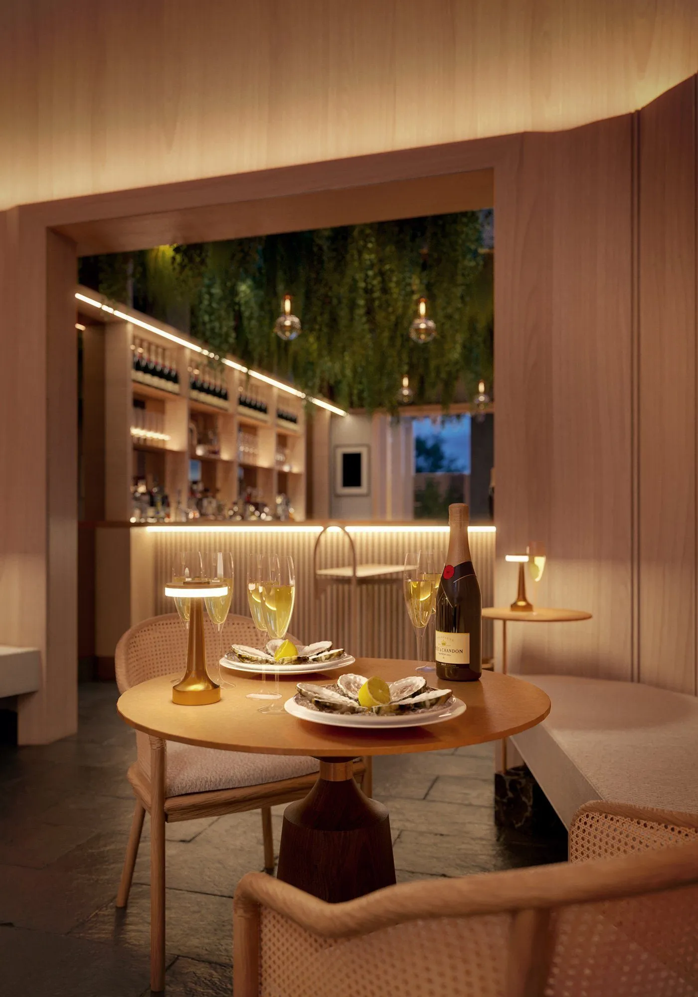 Bar counter with refined timber finishes and considered lighting