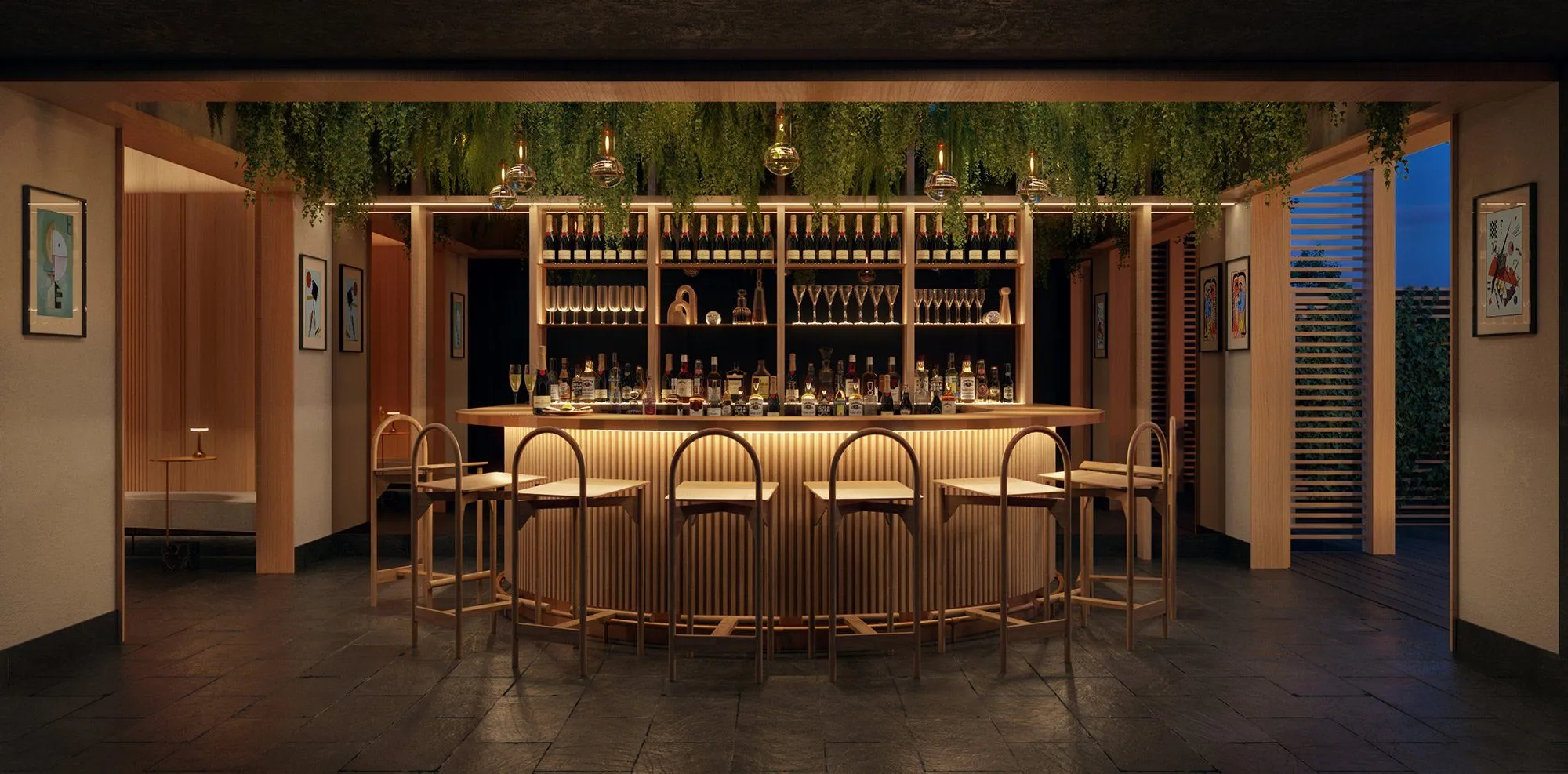 Main bar in the multi-room champagne lounge designed for social gatherings