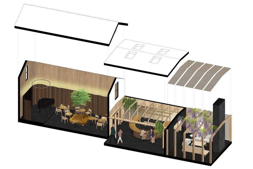 Concept axonometric diagram showing the three-space champagne lounge layout