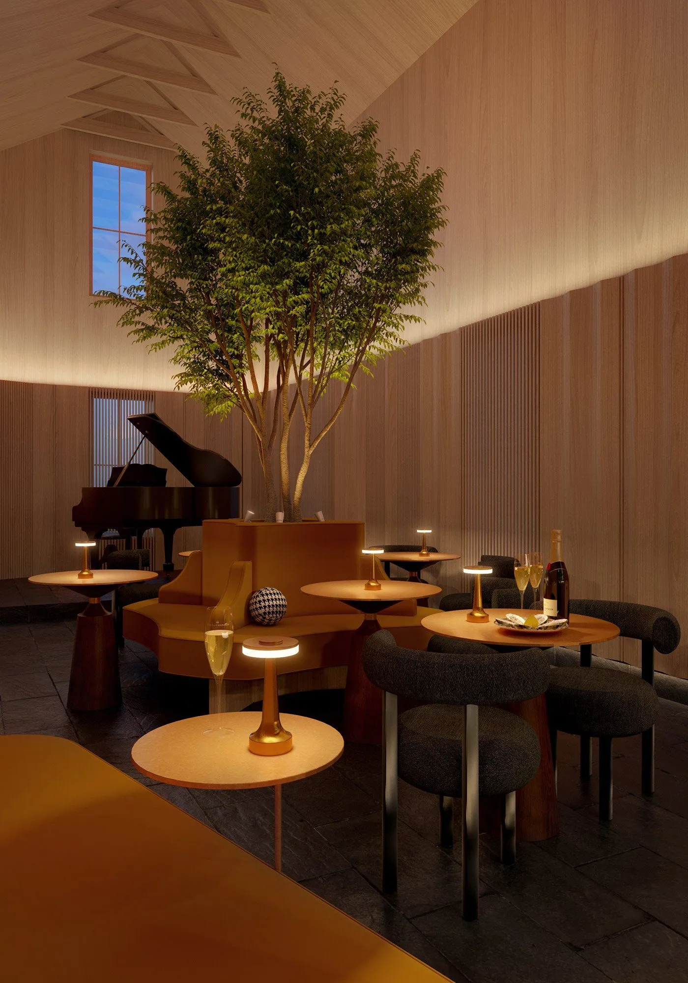 Interior view with warm timber surfaces throughout the champagne lounge