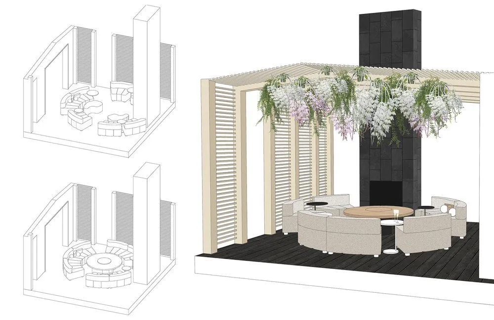 Terrace deck concept with fireplace and lounge seating
