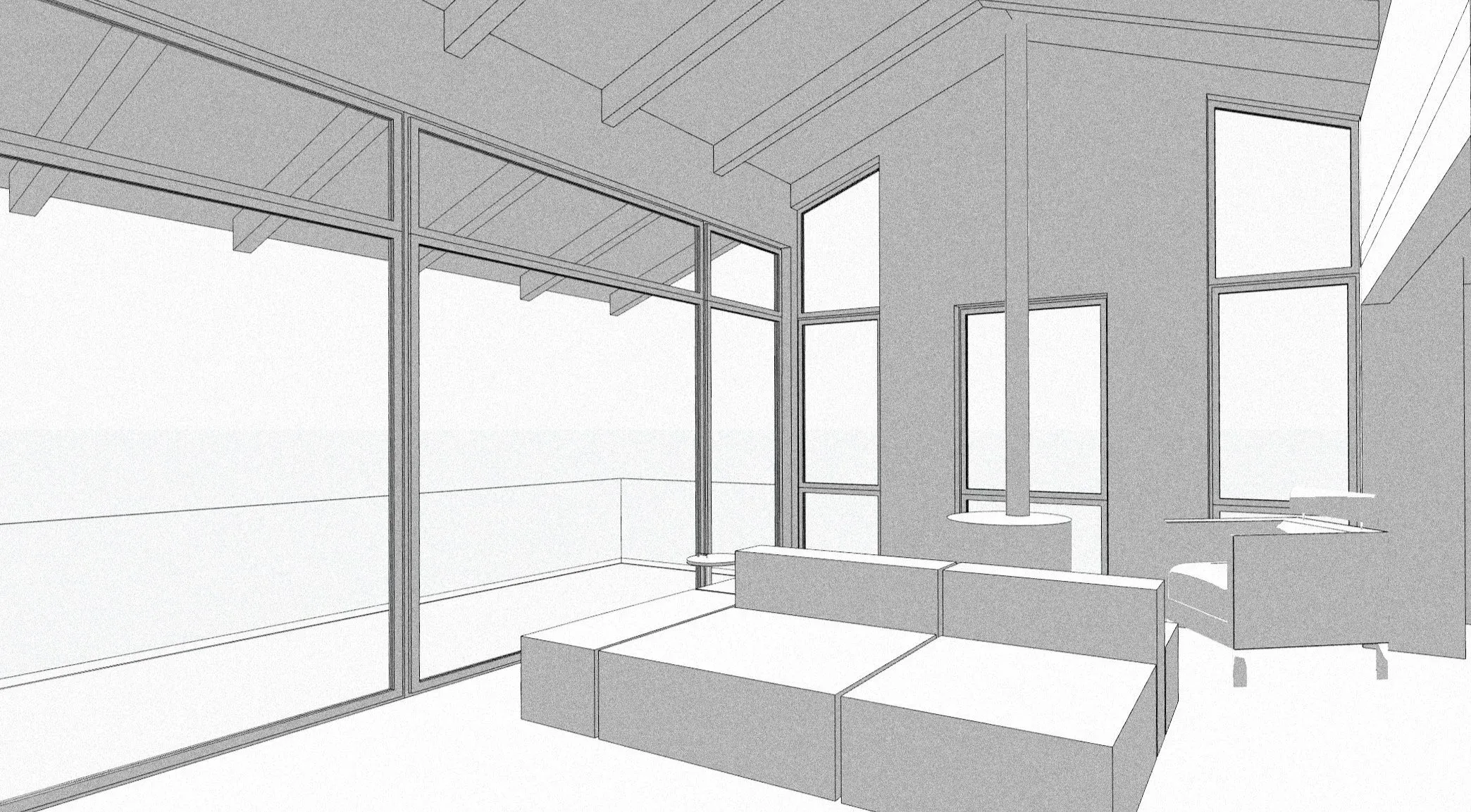 White working 3D model of a living room with a pitched timber-beam ceiling and floor-to-ceiling glazing, before materials and lighting.