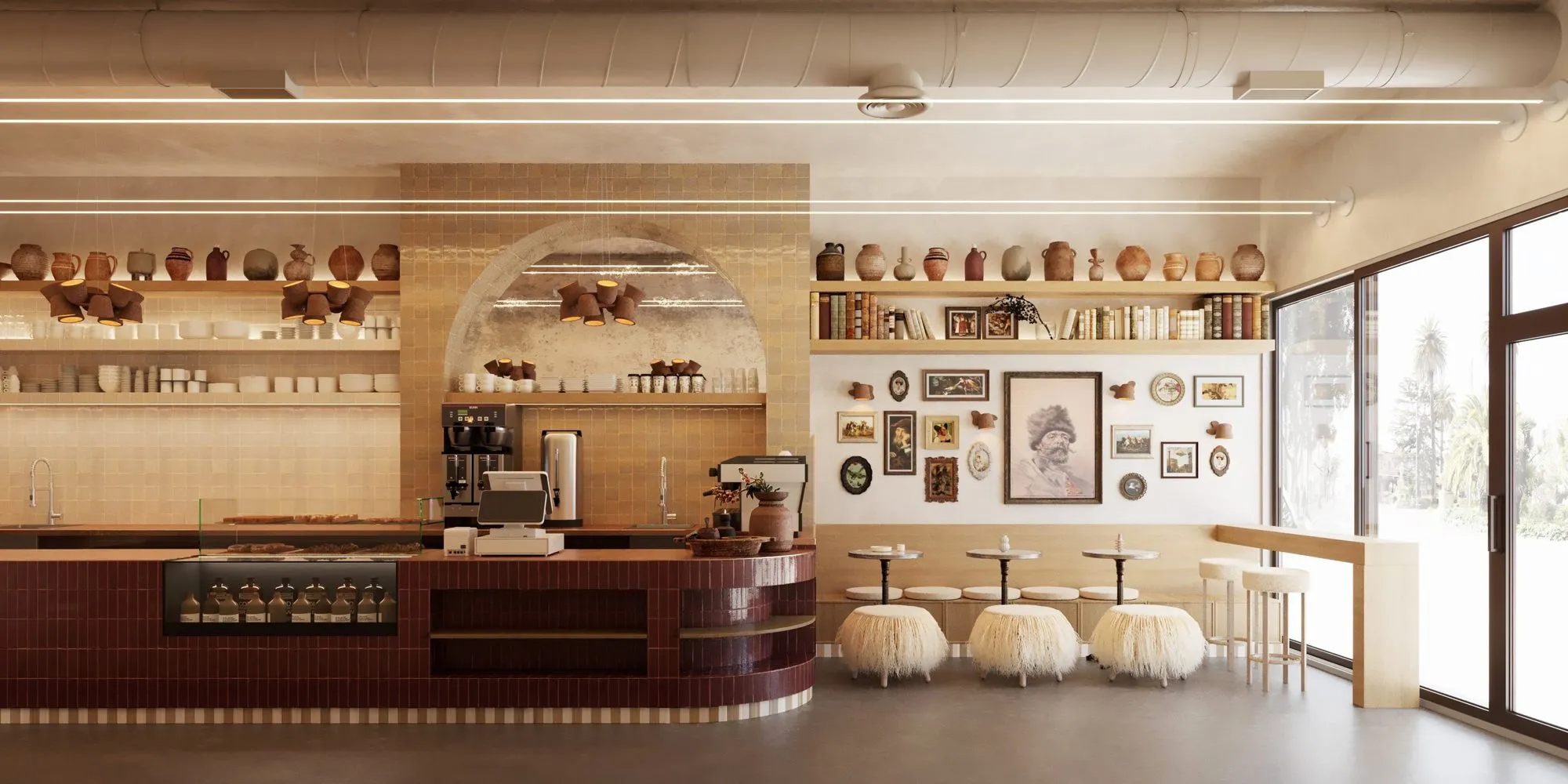 Burgundy-tiled counter with glass pastry case under an arched mirror niche in honey zellige, terracotta pots lining the shelf above — Franko&CO - Bakery and coffeeshop interior design