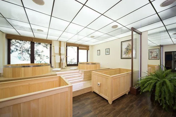 Timber-lined soaking room in the first Japanese Ofuro spa in Belarus, Minsk