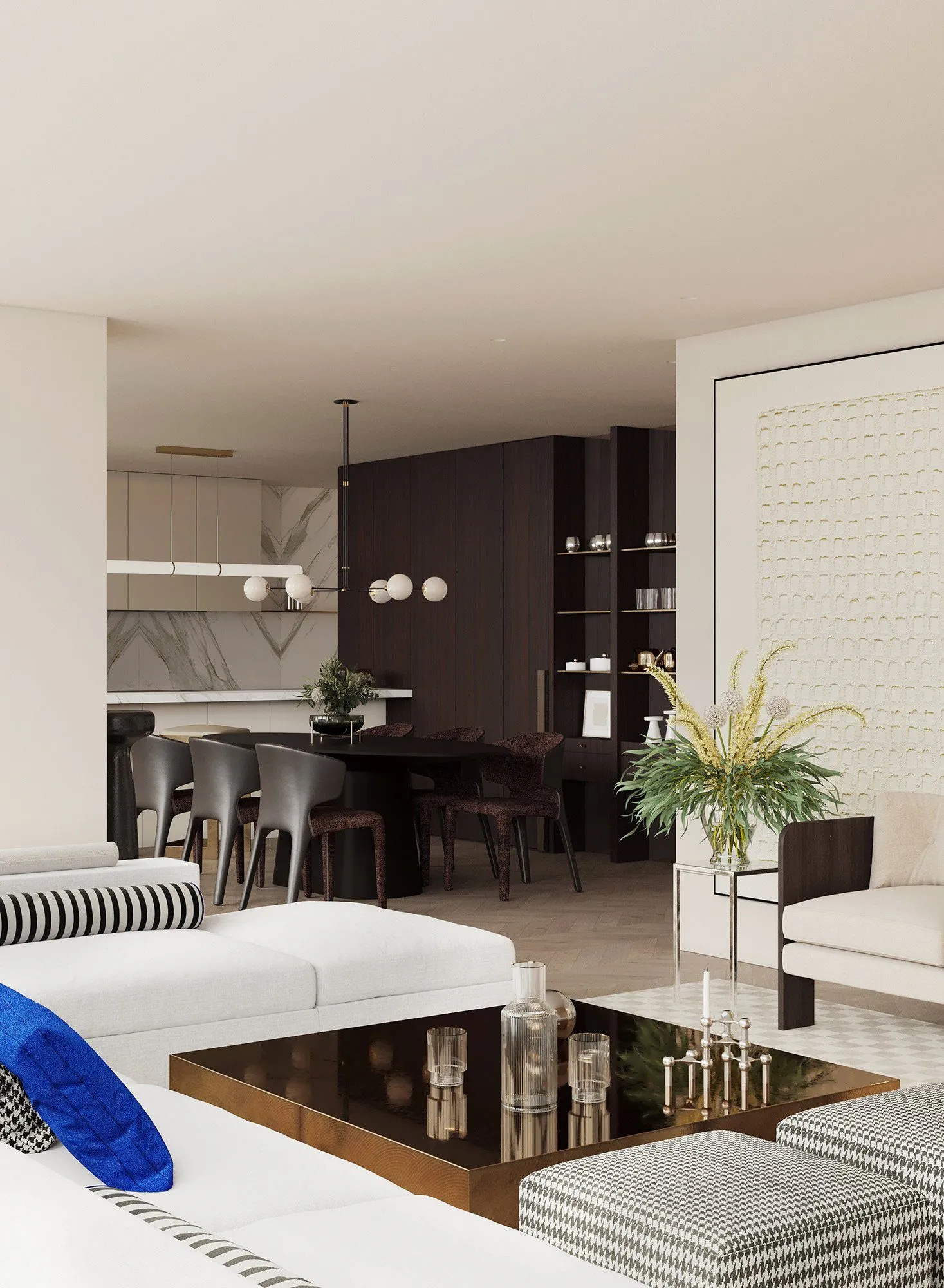 View across the living room to the black oval dining table and marble-backed kitchen, glass-globe pendant overhead — Minimalist Glamour - condo