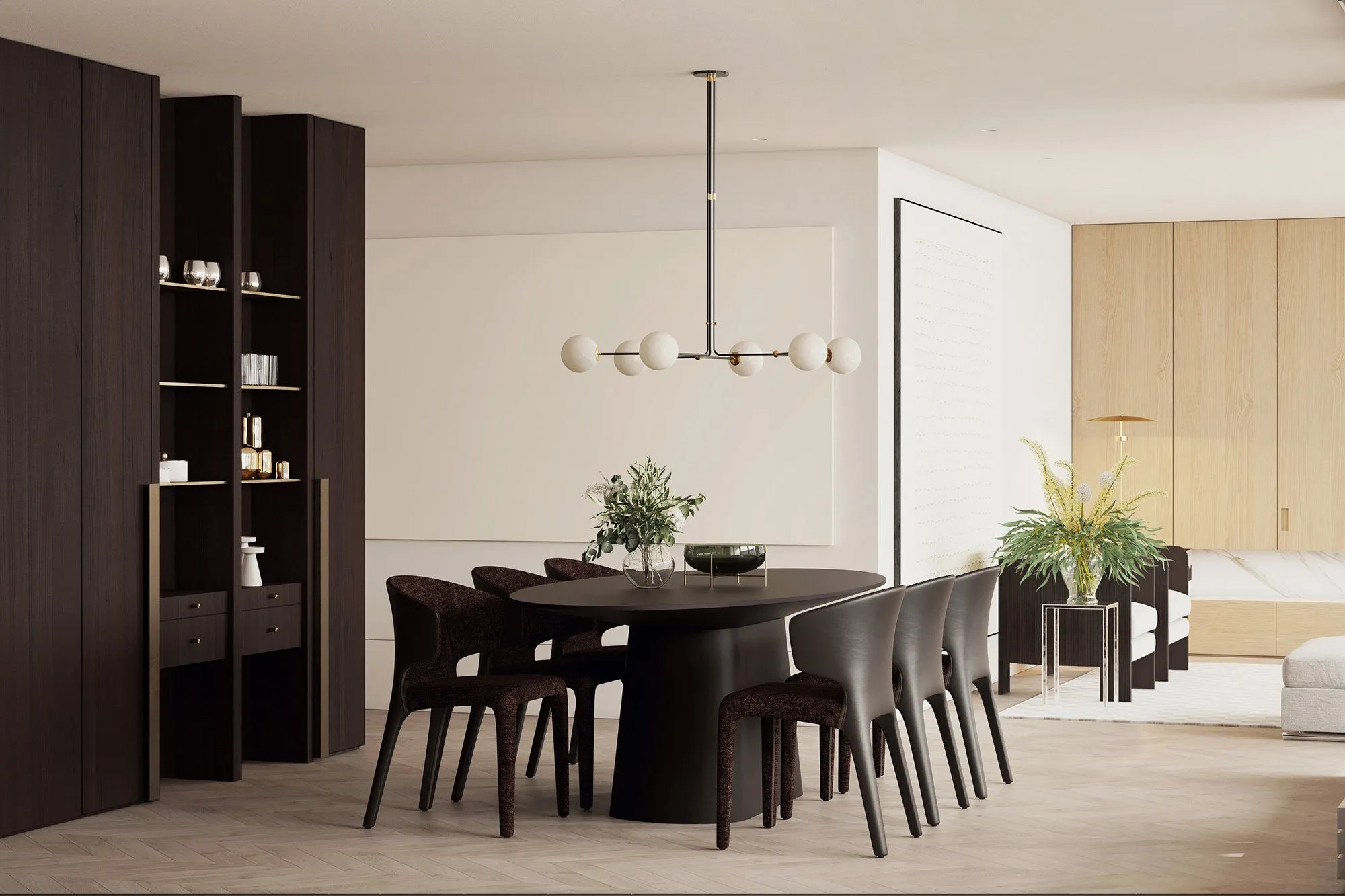 Dining area with oval black table, brown velvet chairs and a brass-and-glass globe chandelier beside dark oak shelving — Minimalist Glamour - condo