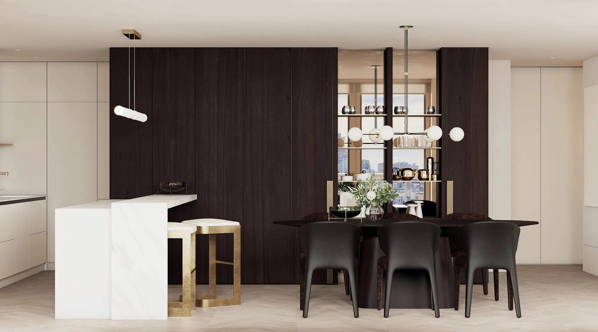 Dark wood feature wall with mirrored bar niche, marble breakfast counter and brass bar stools by the black dining table — Minimalist Glamour - condo