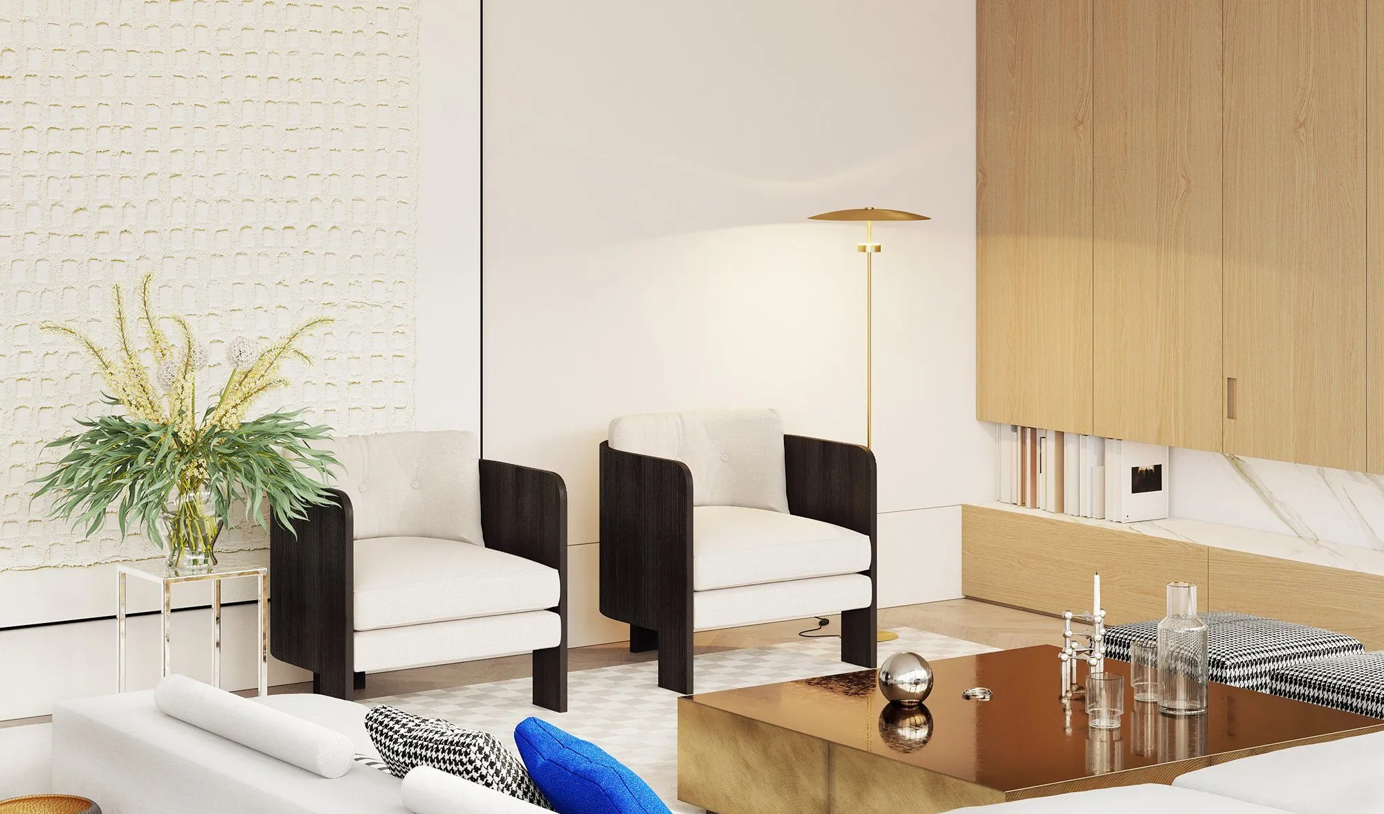 Pair of dark-oak framed armchairs beside a mirror-polished brass coffee table, textured art panel and pale oak cabinetry — Minimalist Glamour - condo
