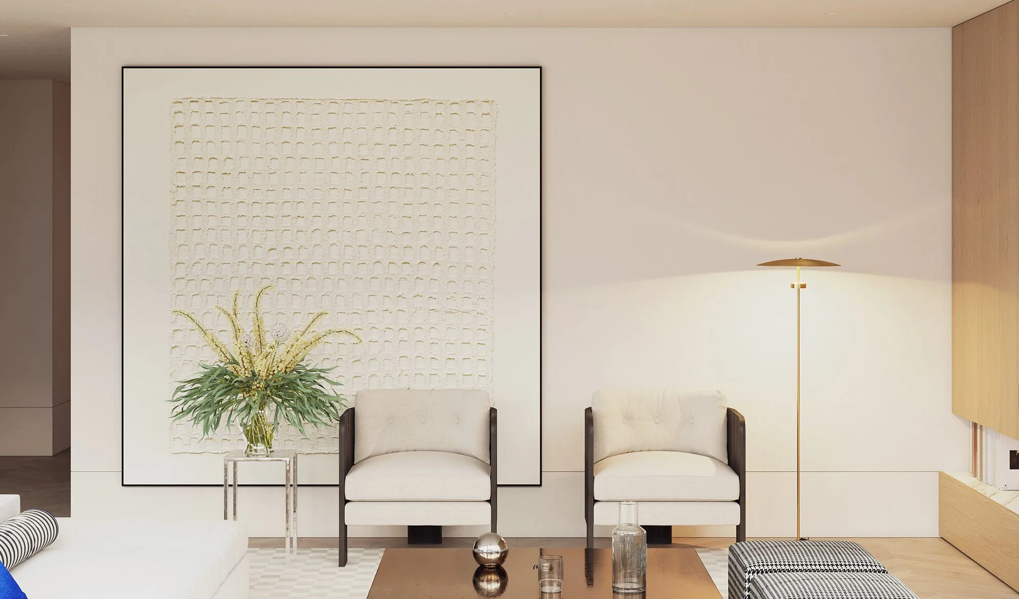 Sitting corner with textured plaster artwork, twin dark-framed armchairs, chrome side table and a brass disc floor lamp — Minimalist Glamour - condo