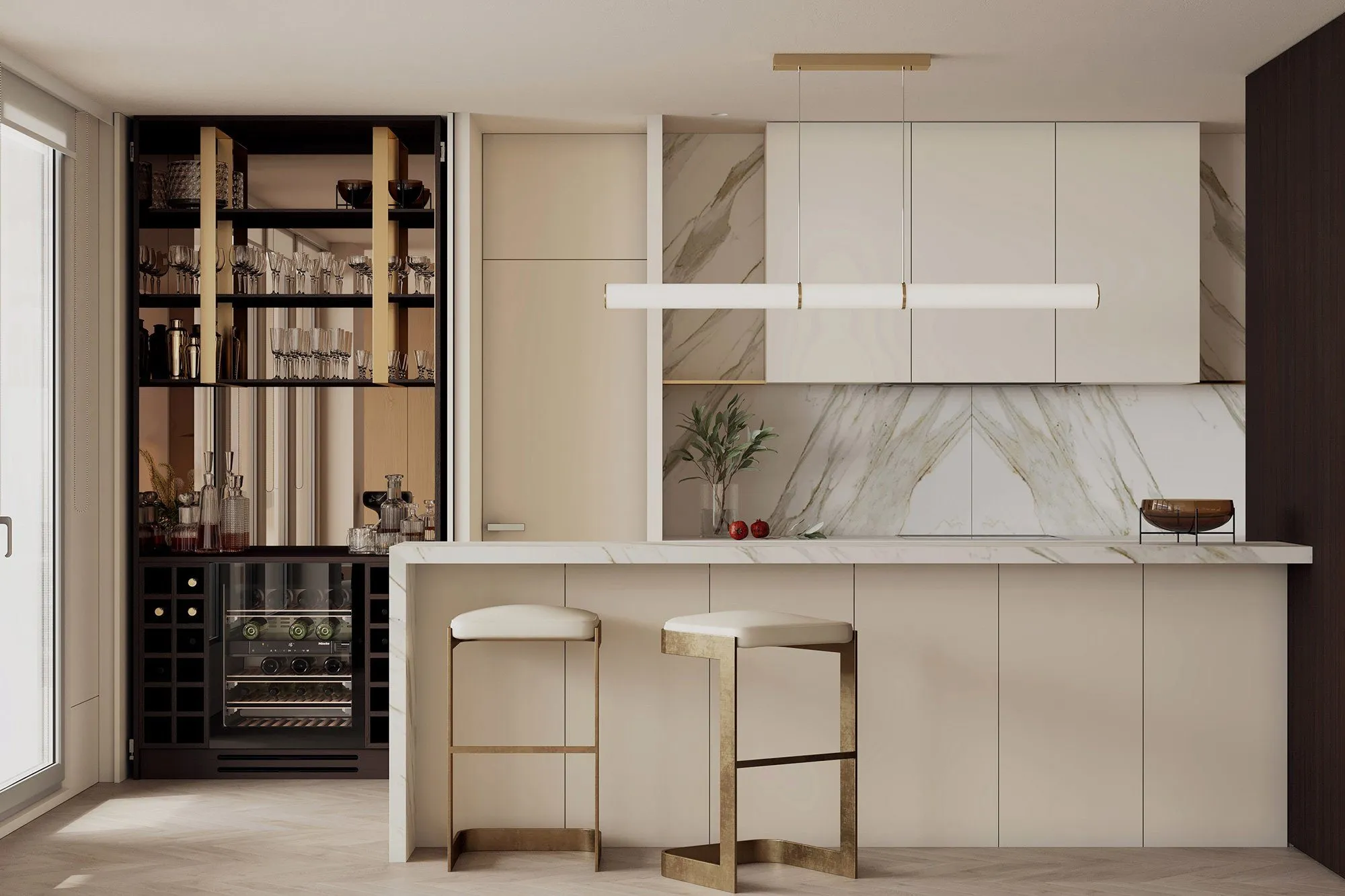 Kitchen peninsula with the bar cabinet open on glassware, decanters and a wine fridge, marble splashback beyond — Minimalist Glamour - condo
