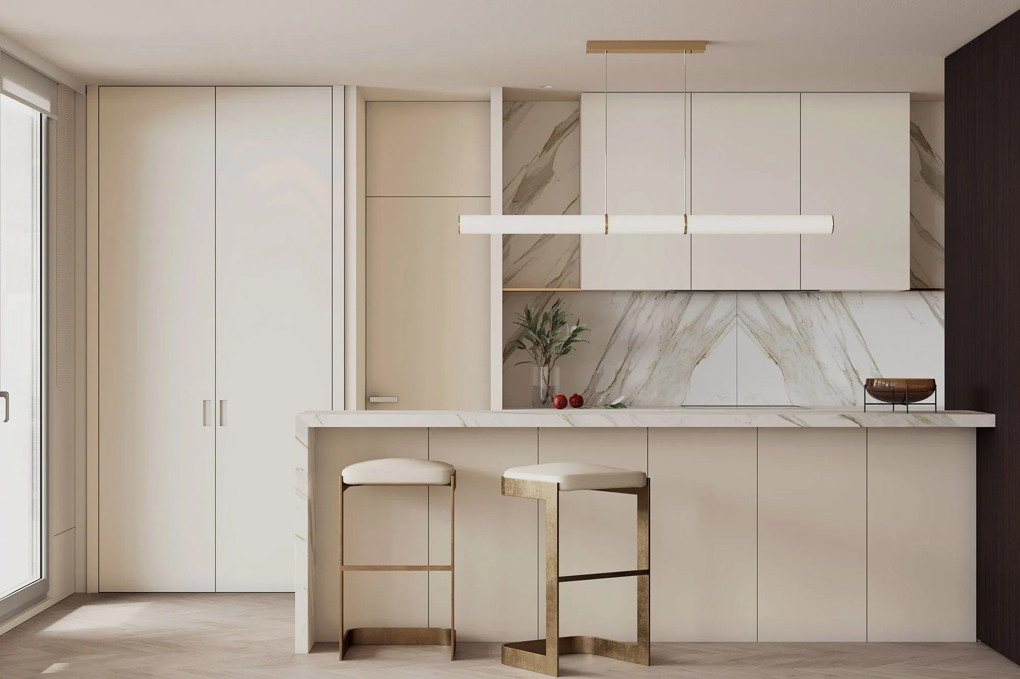 Cream kitchen with book-matched calacatta splashback, marble-topped peninsula and two brass stools under a linear pendant — Minimalist Glamour - condo