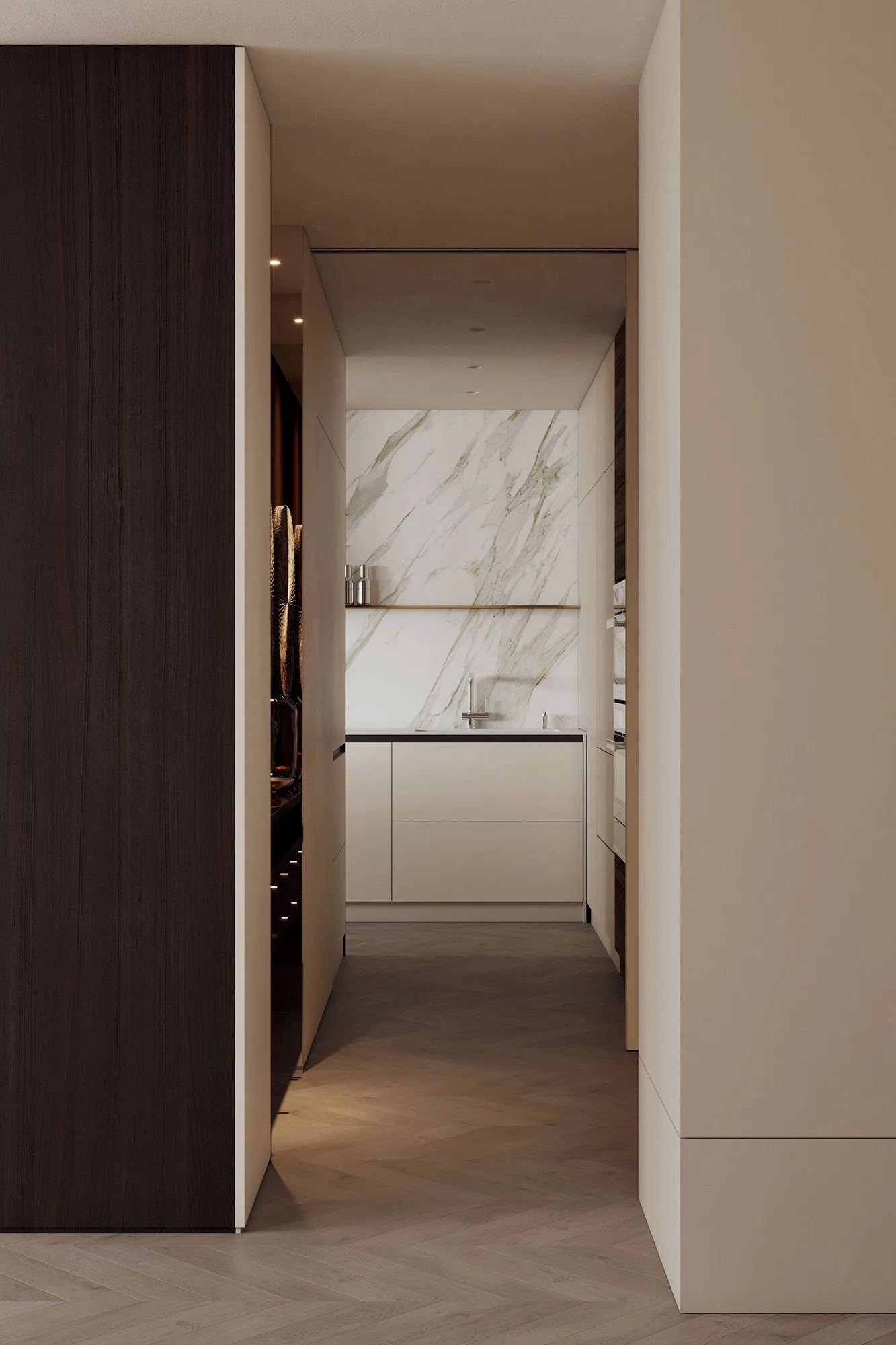 Hallway past a dark walnut panel into the pantry kitchen with calacatta marble splashback and cream cabinetry — Minimalist Glamour - condo