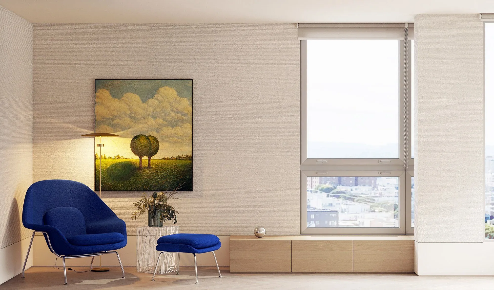 Reading corner with cobalt Womb chair and ottoman, cloud landscape painting, brass floor lamp and low oak sideboard — Minimalist Glamour - condo