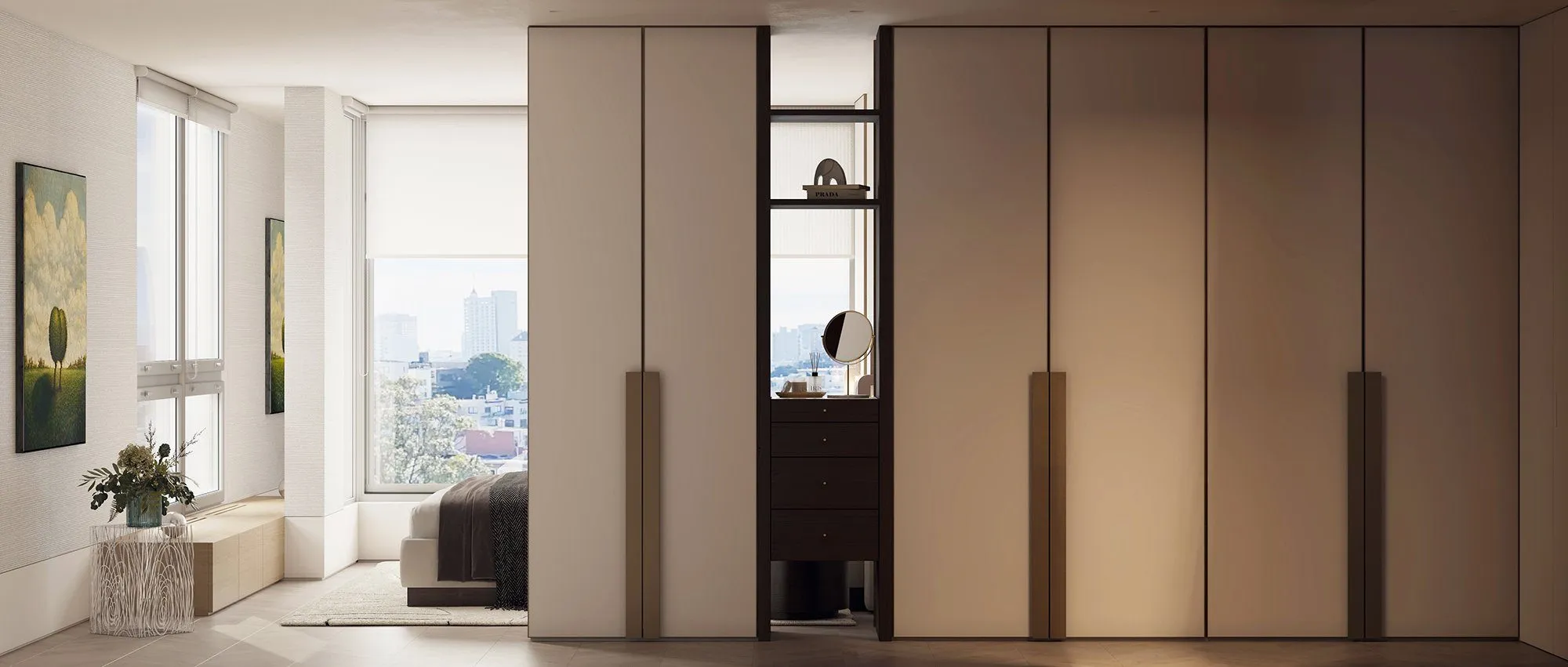 Floor-to-ceiling taupe wardrobes with a mirrored vanity niche, tree paintings and a city window at the bedroom edge — Minimalist Glamour - condo