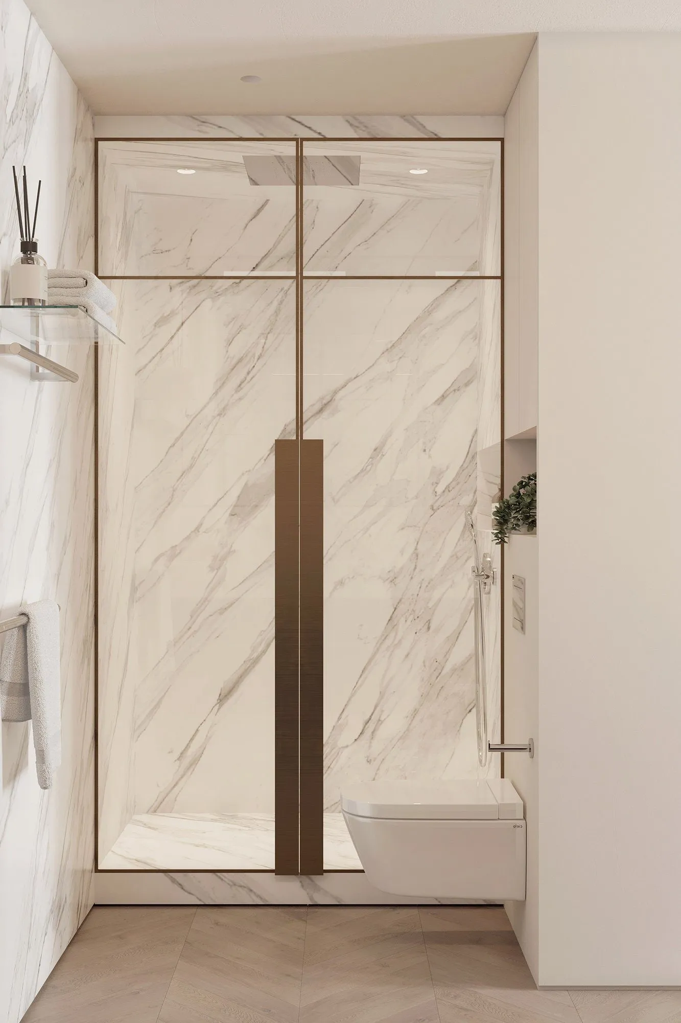Marble shower behind bronze-framed glass with rain head, wall-hung toilet and glass shelf of rolled towels — Minimalist Glamour - condo