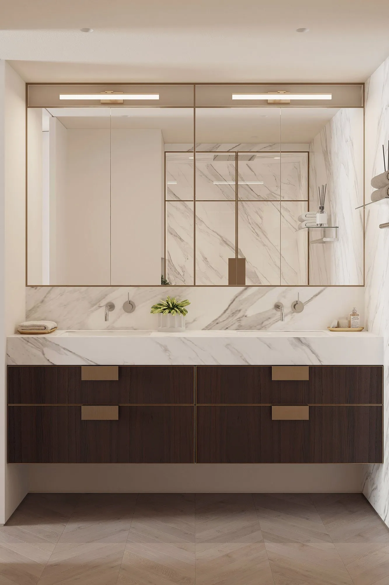 Double vanity with marble counter, dark wood drawers and brass pulls under a bronze-framed mirror cabinet — Minimalist Glamour - condo