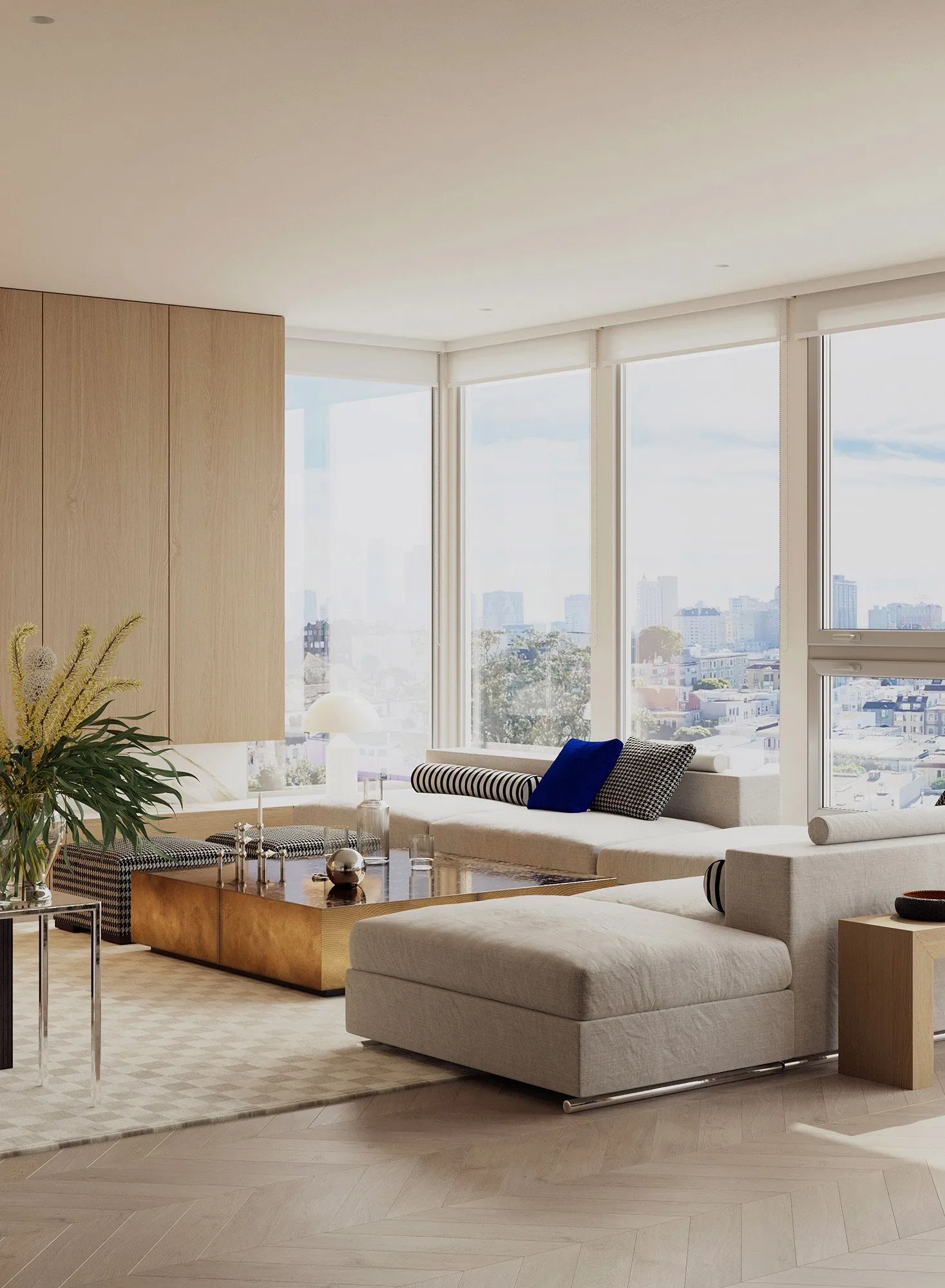 Living room of a San Francisco condo with Parisian-inspired chevron detailing and minimalist furnishings