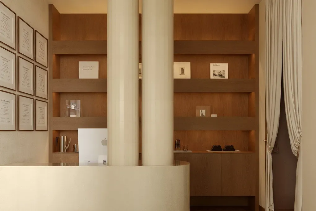Reception area with warm timber shelving and terracotta tones — Mind Sanctuary Psychiatry & Wellness