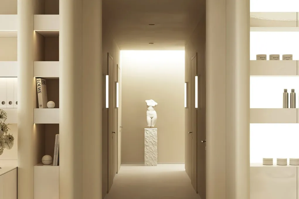 Entry view: corridor between curved beige columns and backlit retail shelving, with a torso sculpture at the far end