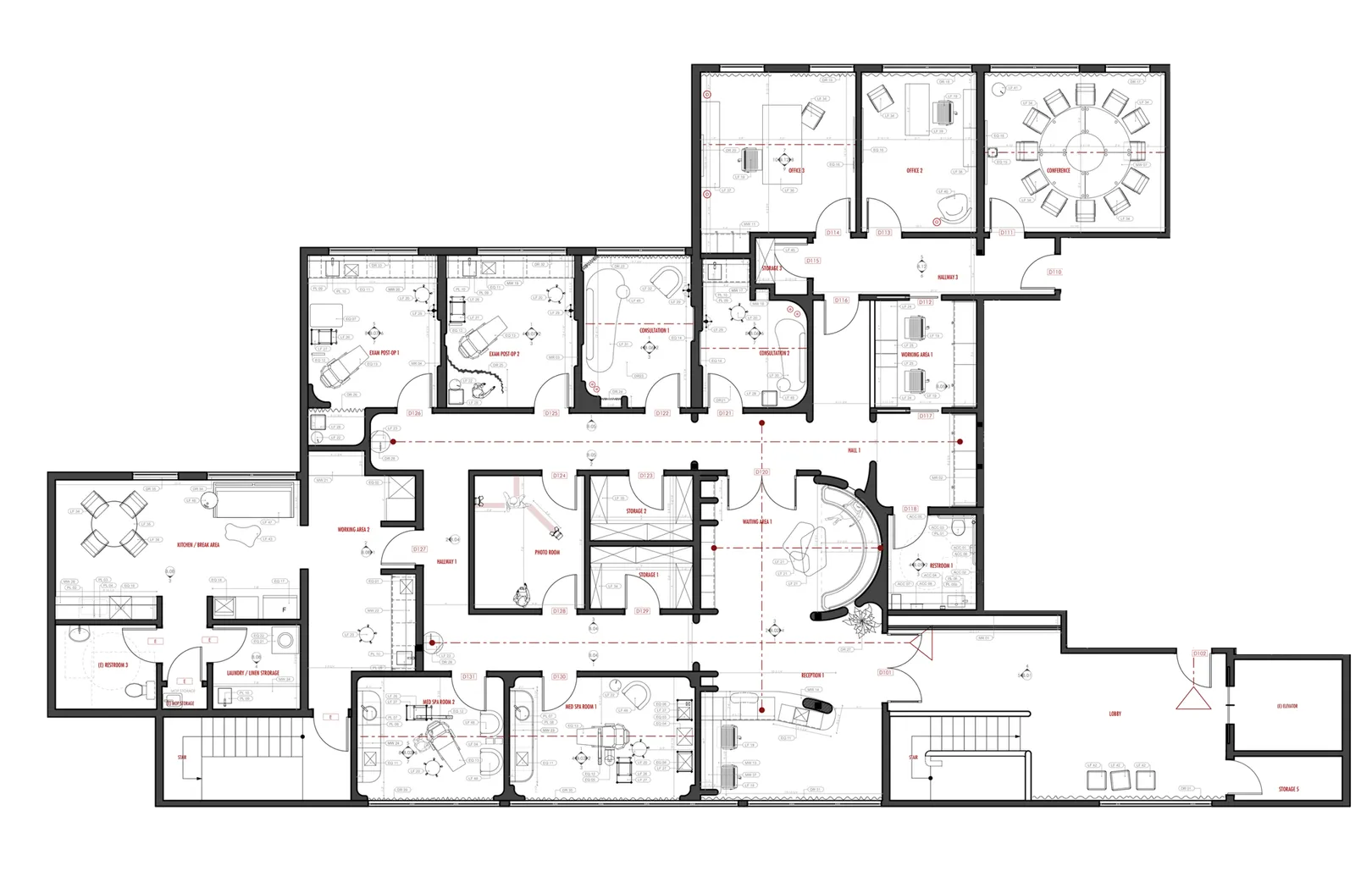 Annotated med spa floor plan: reception, waiting lounge, retail, treatment rooms and offices at the 4,600 sq ft Motakef clinic, Yorba Linda, California