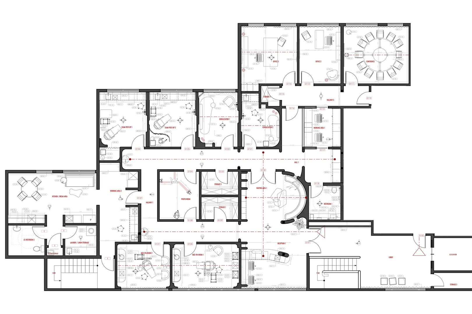 Annotated med spa floor plan: reception, waiting lounge, retail, treatment rooms and offices at the 4,600 sq ft Motakef clinic, Yorba Linda, California