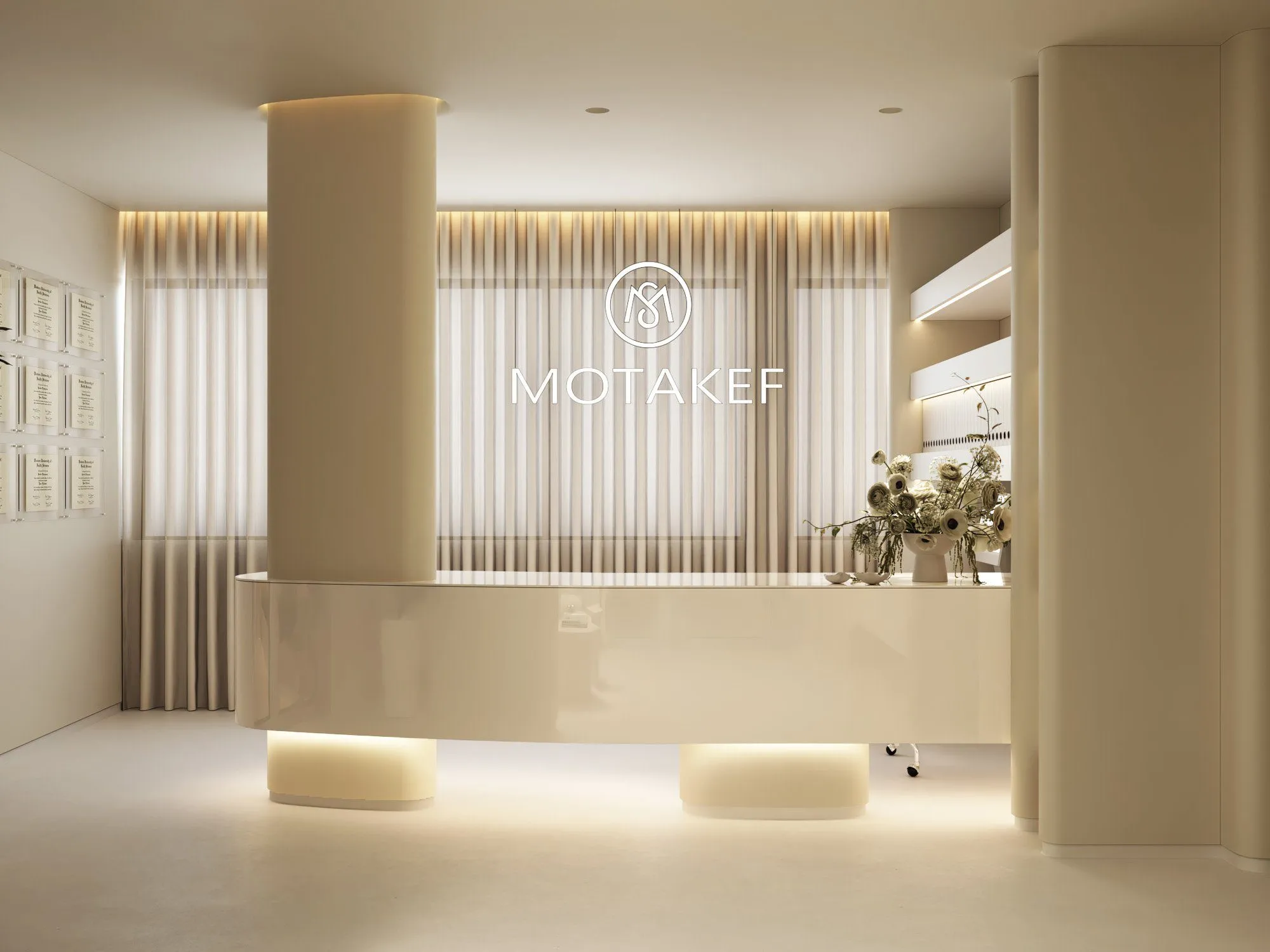 Rendering of the reception: curved beige desk, round column, Motakef logo on backlit sheer curtain wall