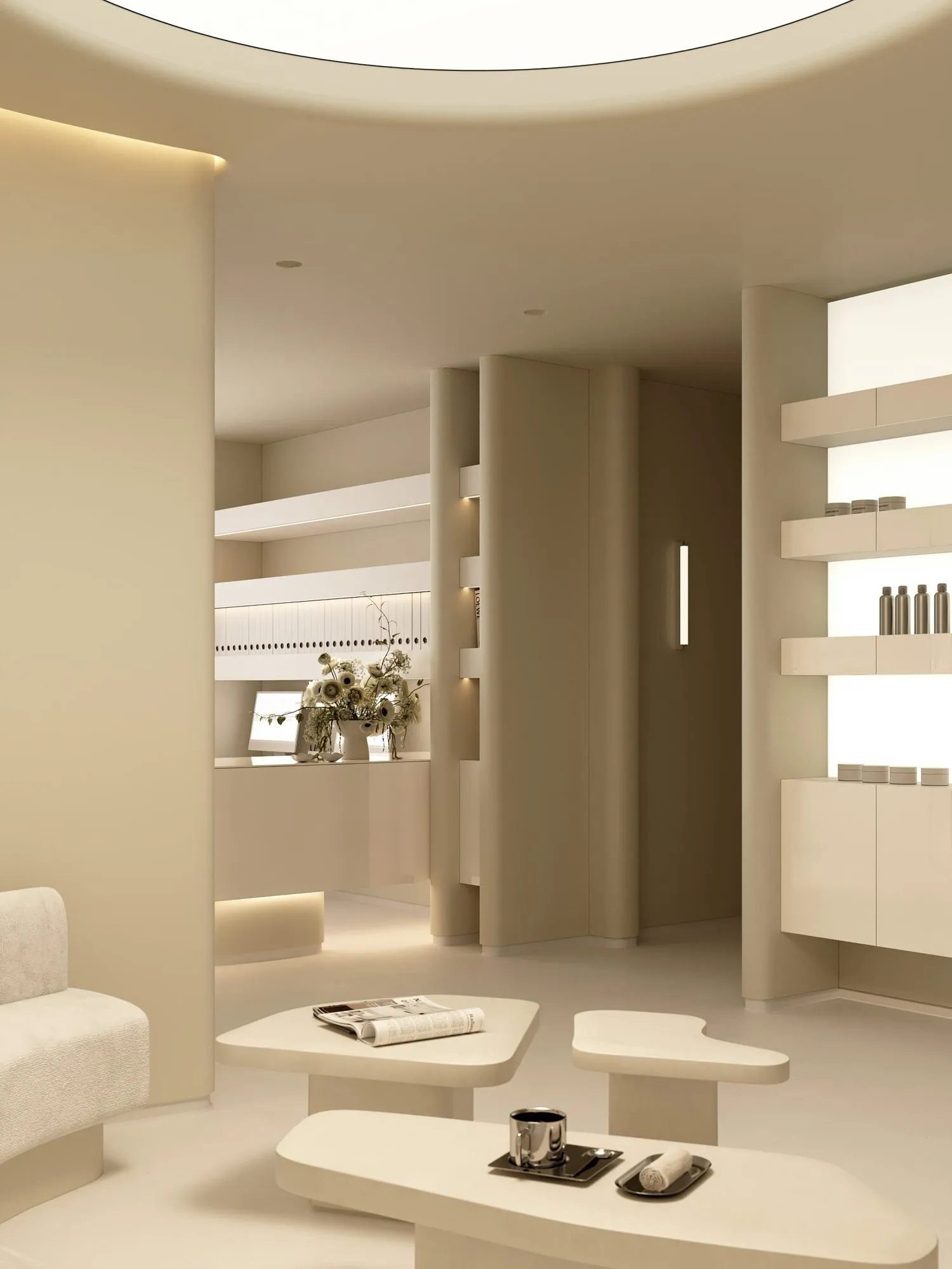 Retail display area, warm neutral finishes