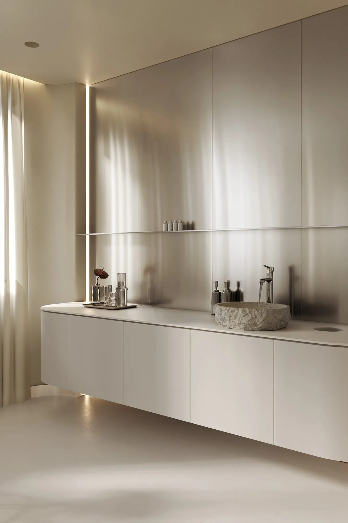 Rendering of a floating beige vanity with stone basin beside a backlit sheer curtain wall