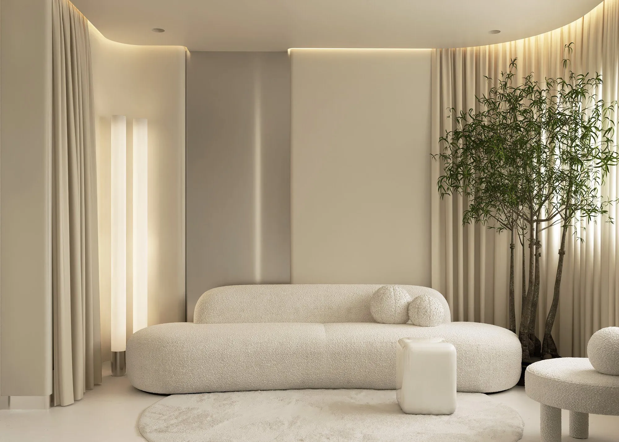 Rendering of the consultation lounge: white boucle sofa and ottoman, cove-lit ceiling, sheer curtains and an indoor tree